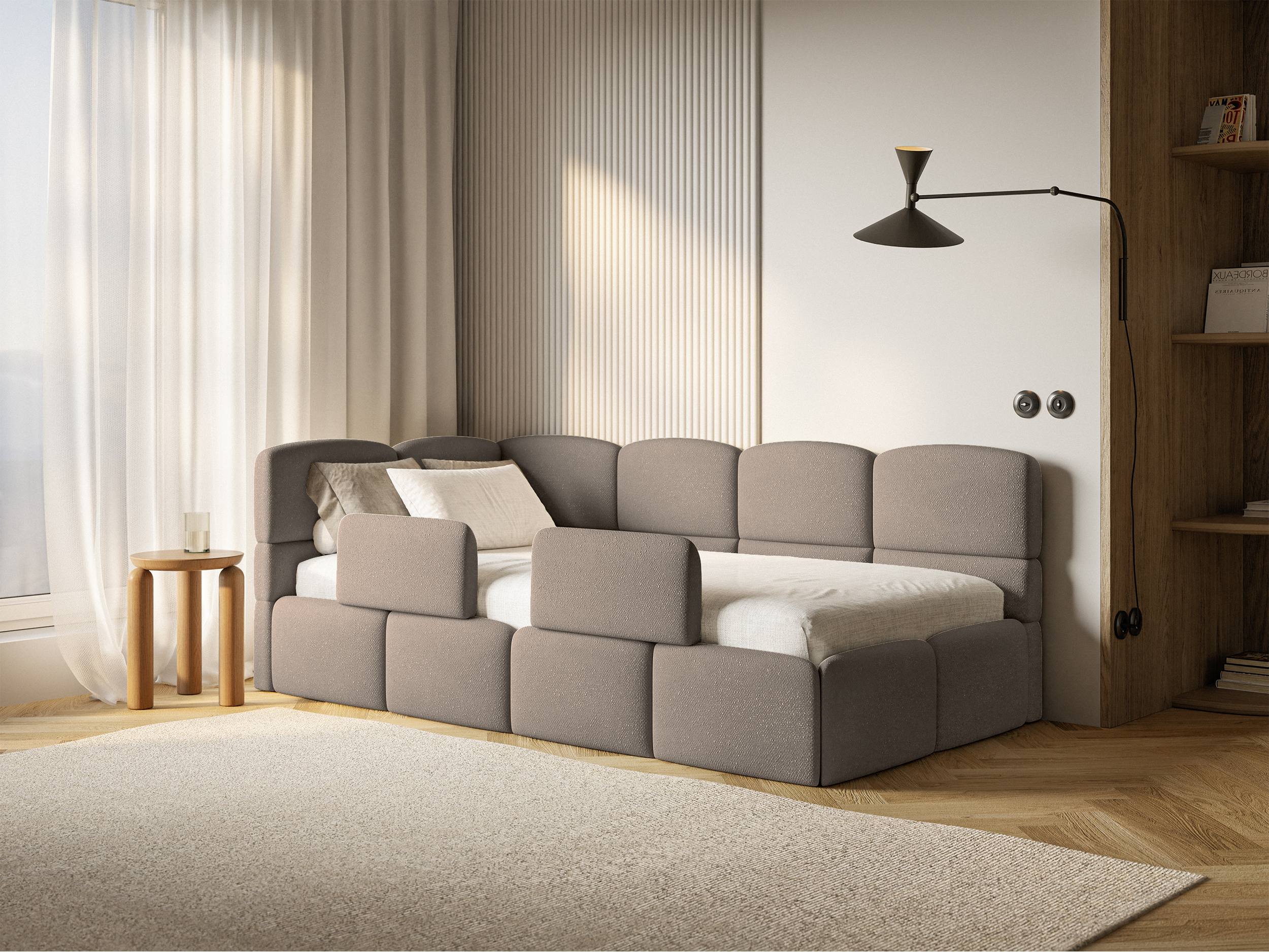Jugendbett 90x200 cm Cloudy linksseitig mit Stauraum und hellbraunen Chenille-Gittern