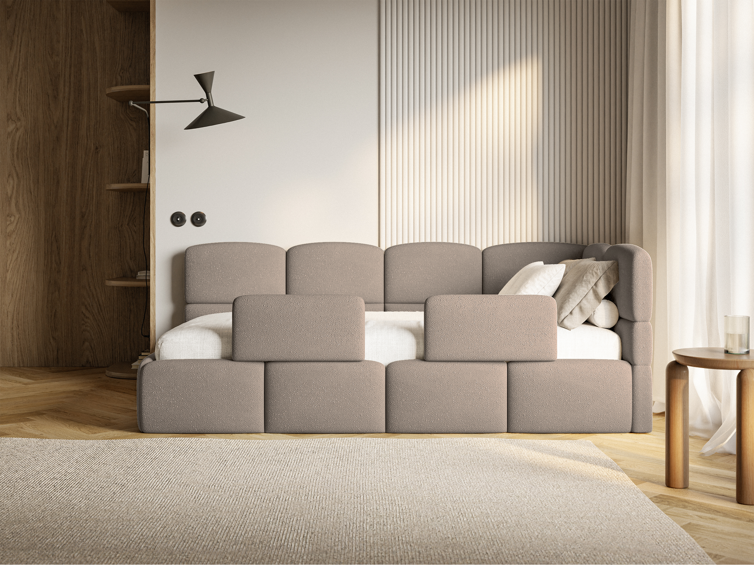 Jugendbett 90x200 cm Cloudy, rechtsseitig mit Stauraum, hellbrauner Chenille-Bezug