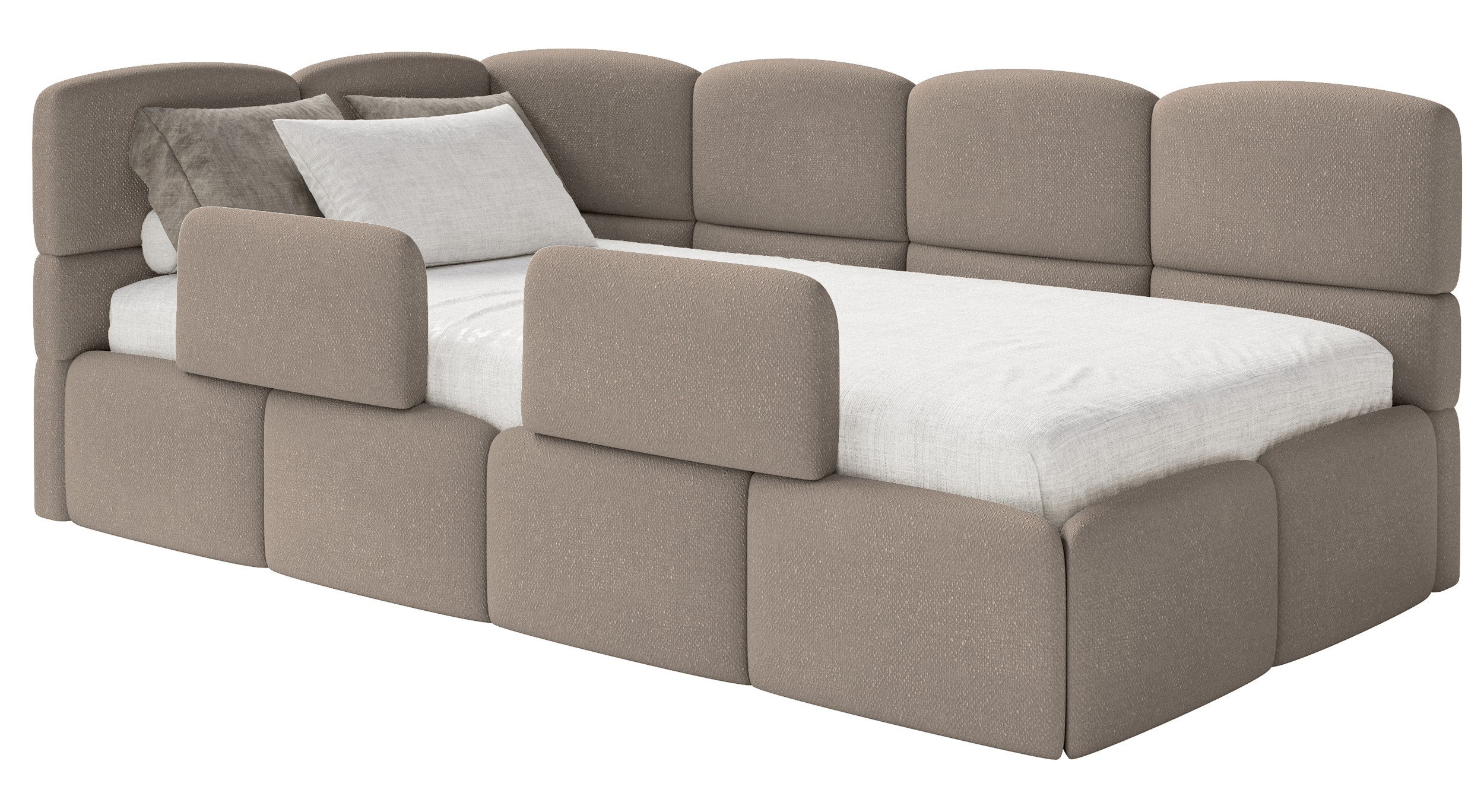 Jugendbett 90x200 cm Cloudy linksseitig mit Stauraum und hellbraunen Chenille-Gittern