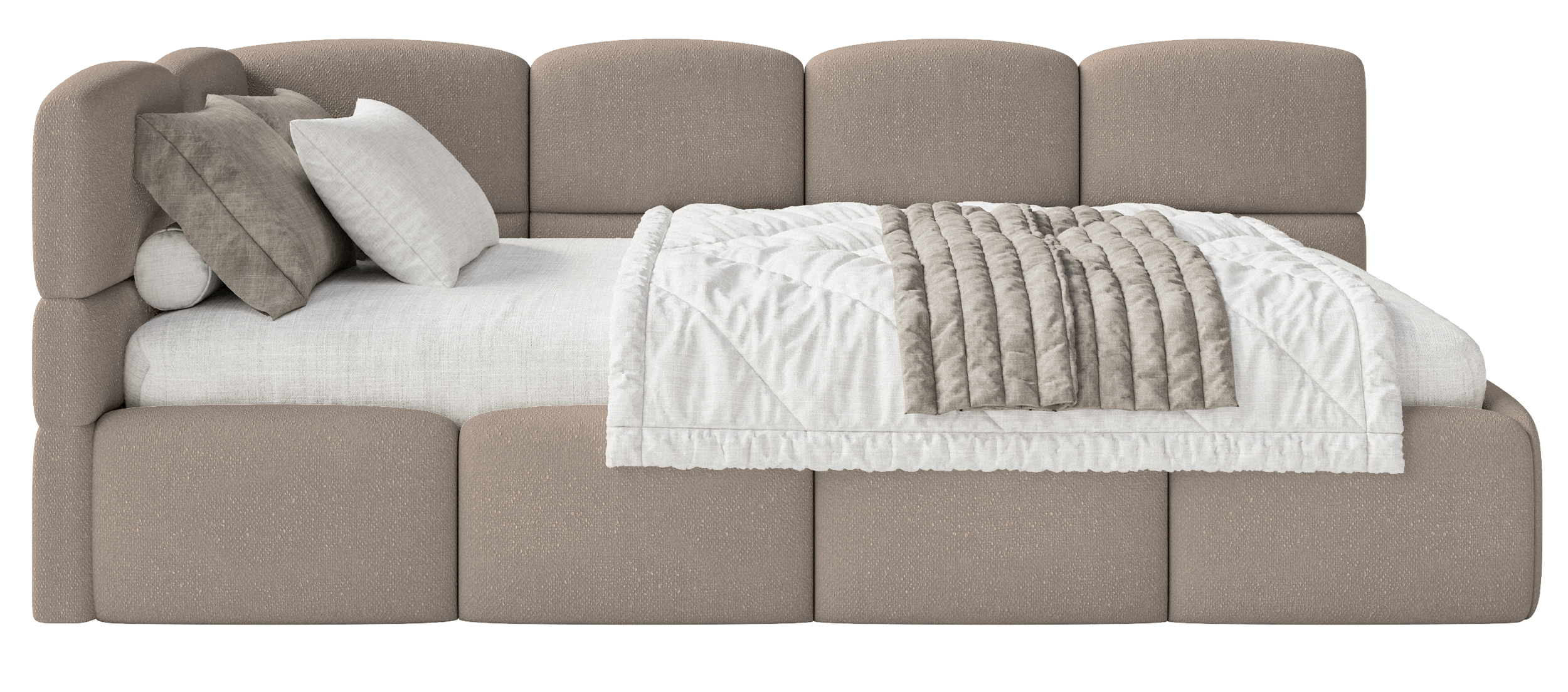 Jugendbett 90x200 cm Cloudy linksseitig mit Stauraum hellbrauner Chenille-Bezug