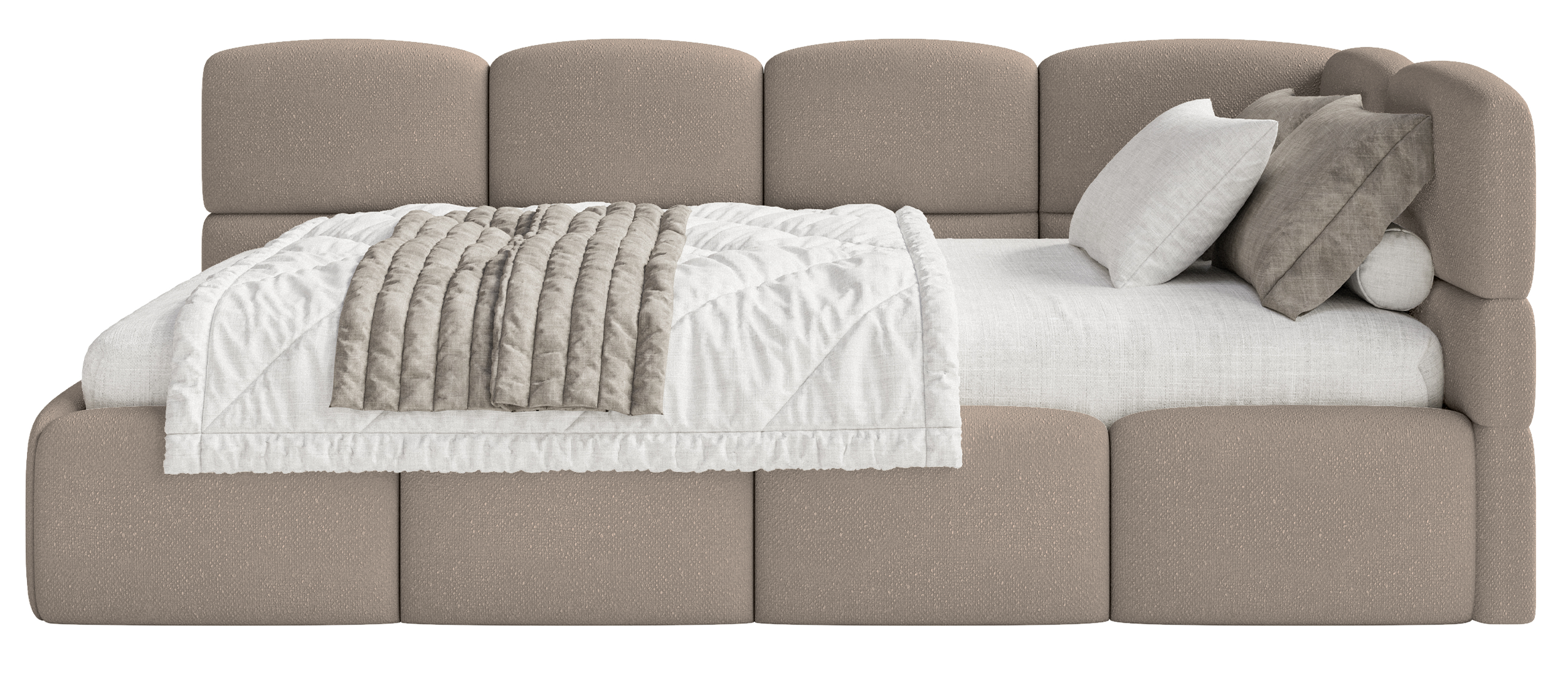 Jugendbett 90x200 cm Cloudy, rechtsseitig mit Stauraum, hellbrauner Chenille-Bezug