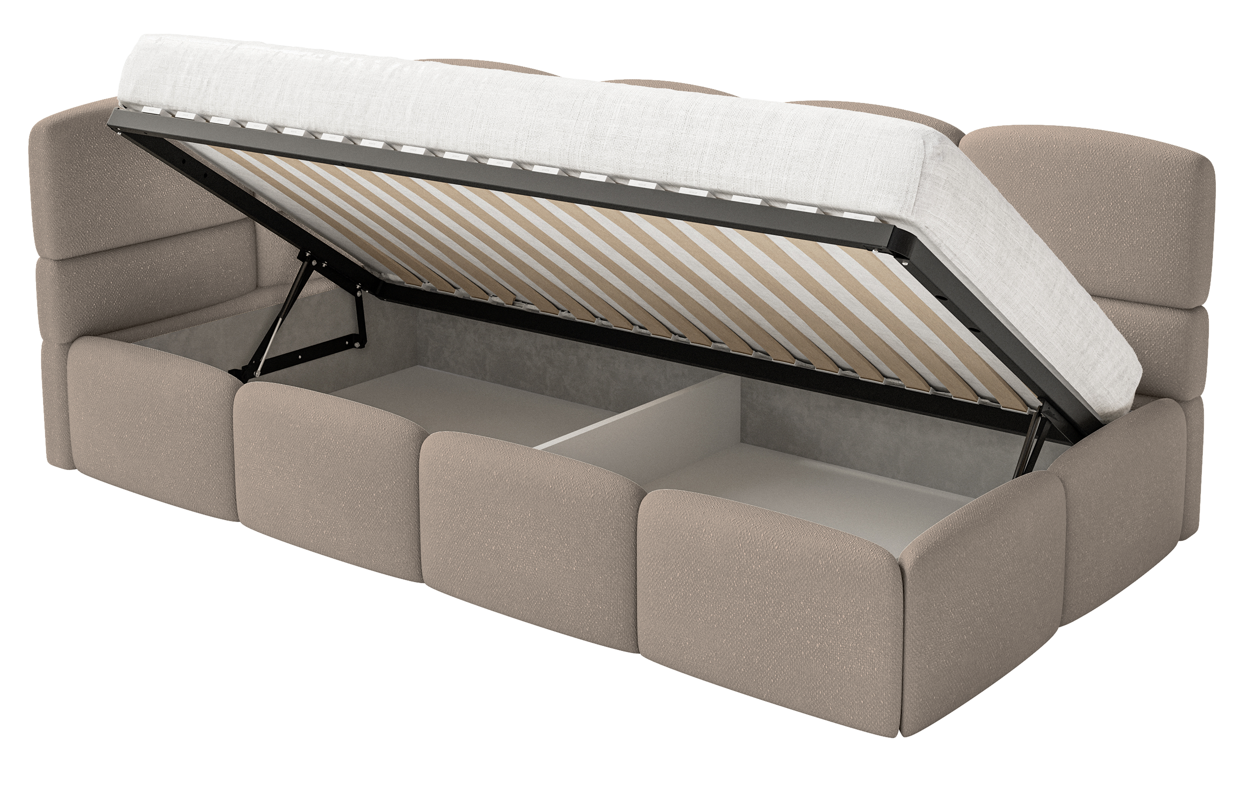 Jugendbett 90x200 cm Cloudy linksseitig mit Stauraum hellbrauner Chenille-Bezug