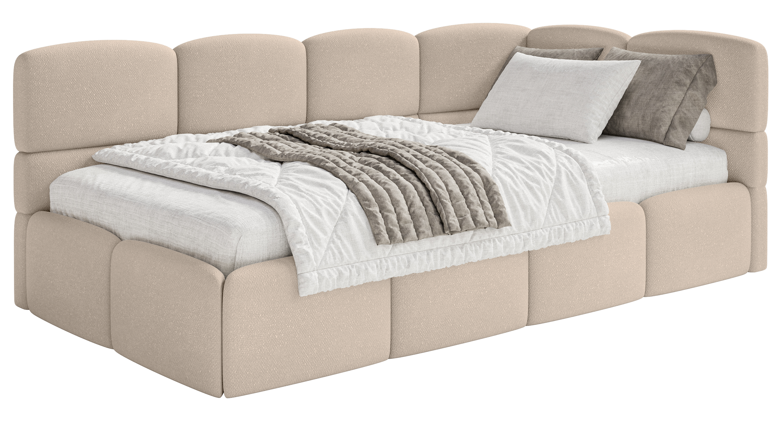 Jugendbett 90x200 cm Cloudy, rechtsseitig, mit Stauraum und Geländern, beige Chenille