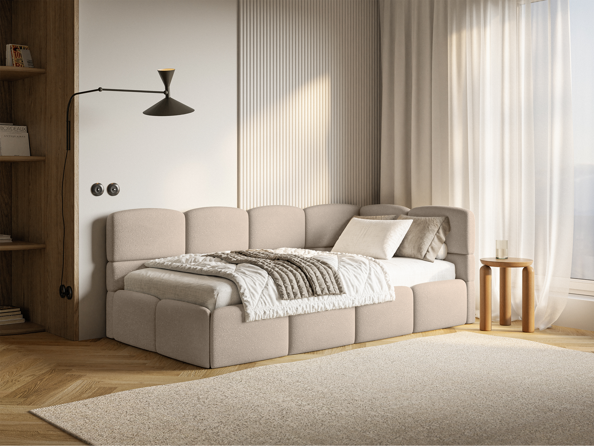 Jugendbett 90x200 cm Cloudy, rechtsseitig, mit Stauraum und Geländern, beige Chenille