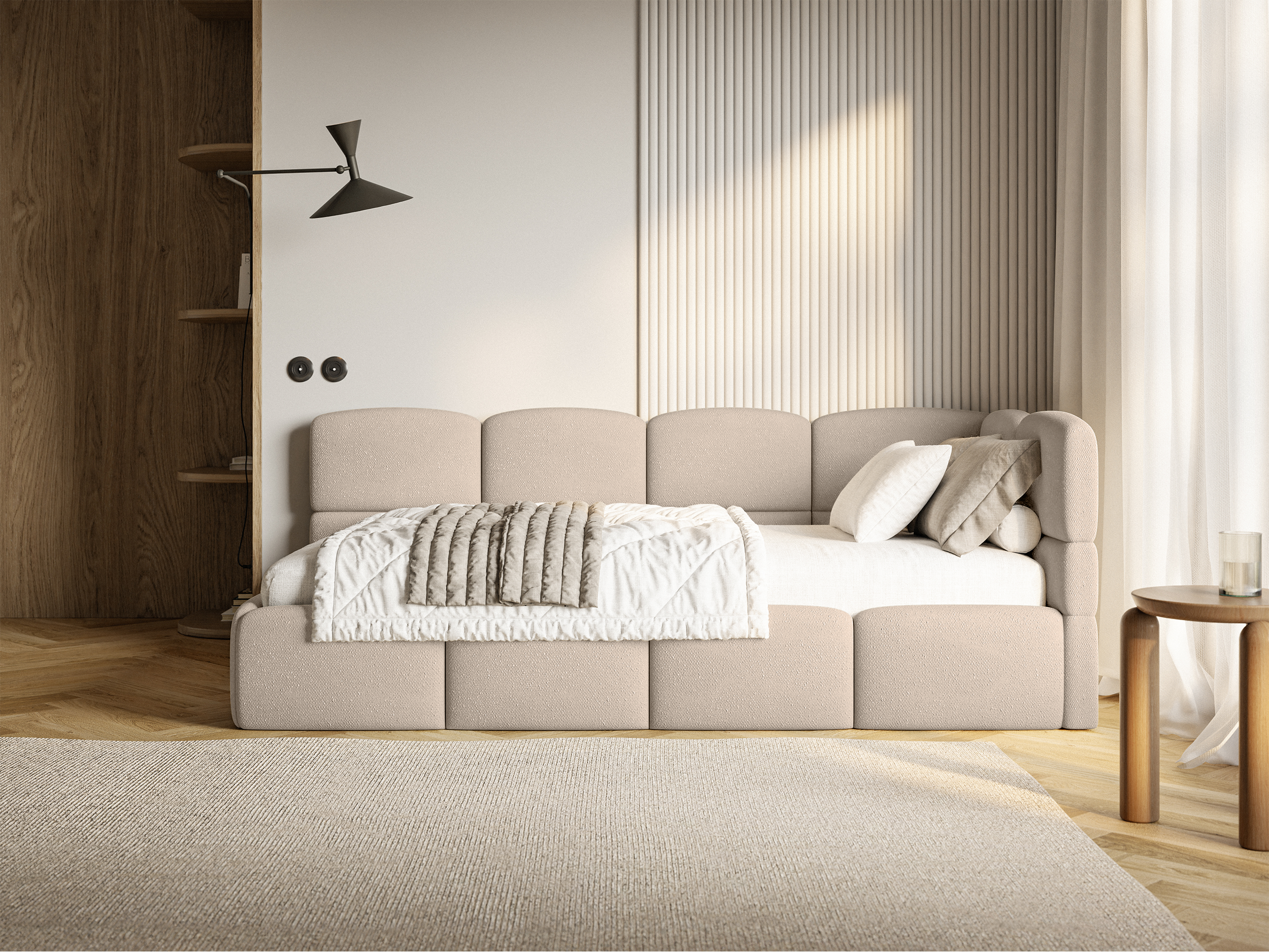 Jugendbett 90x200 cm Cloudy, rechtsseitig, mit Stauraum und Geländern, beige Chenille