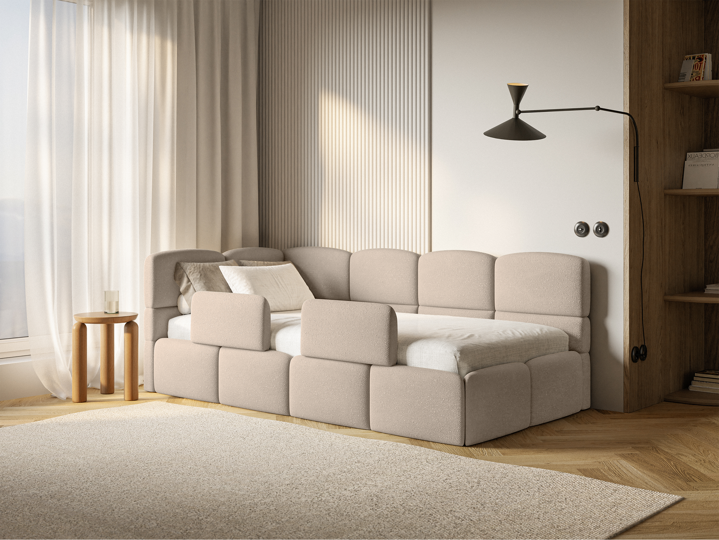 Jugendbett 90x200 cm Cloudy linksseitig mit Stauraum und Bettgittern, beige Chenille