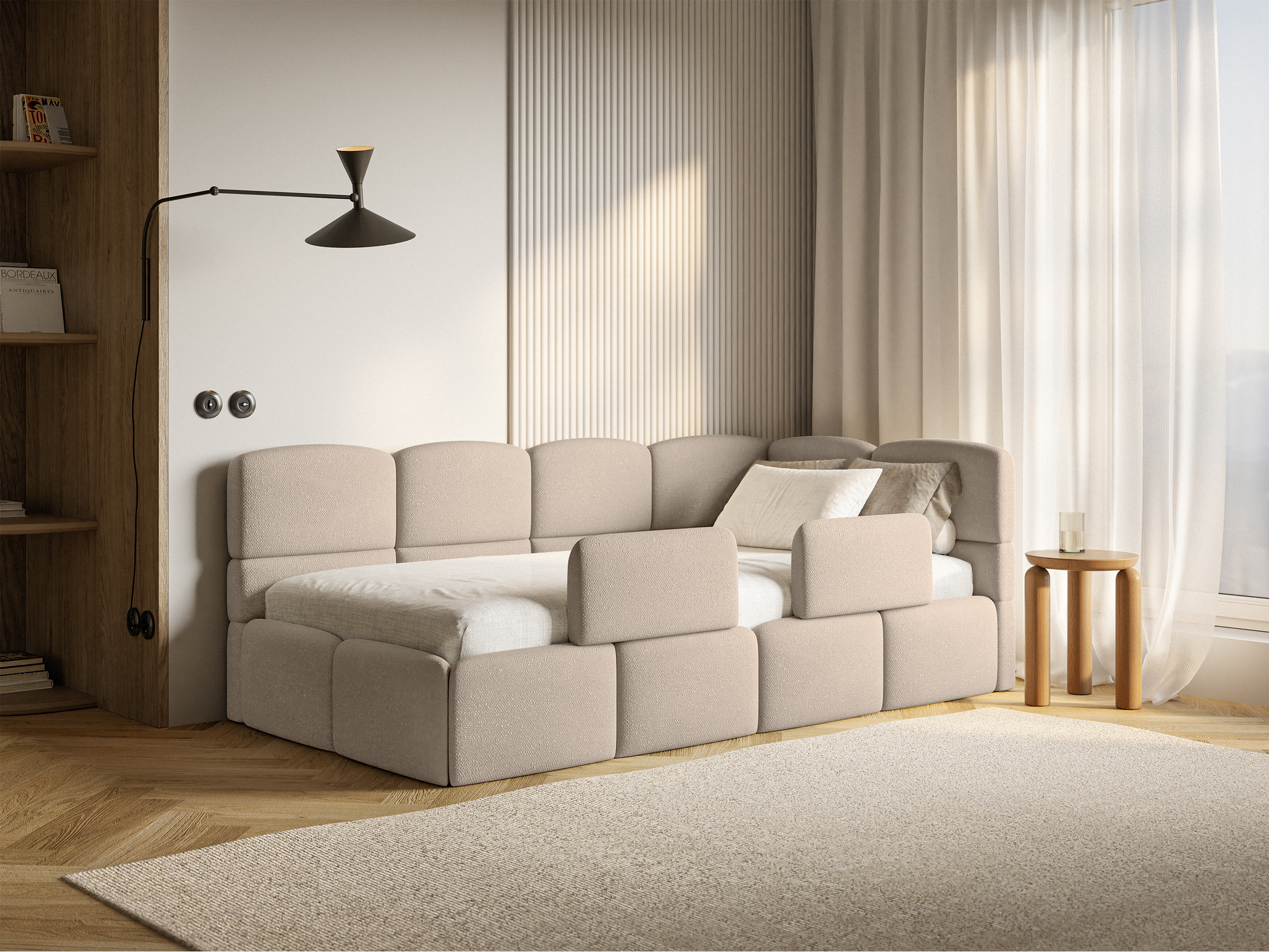 Jugendbett 90x200 cm Cloudy, rechtsseitig, mit Stauraum und Geländern, beige Chenille