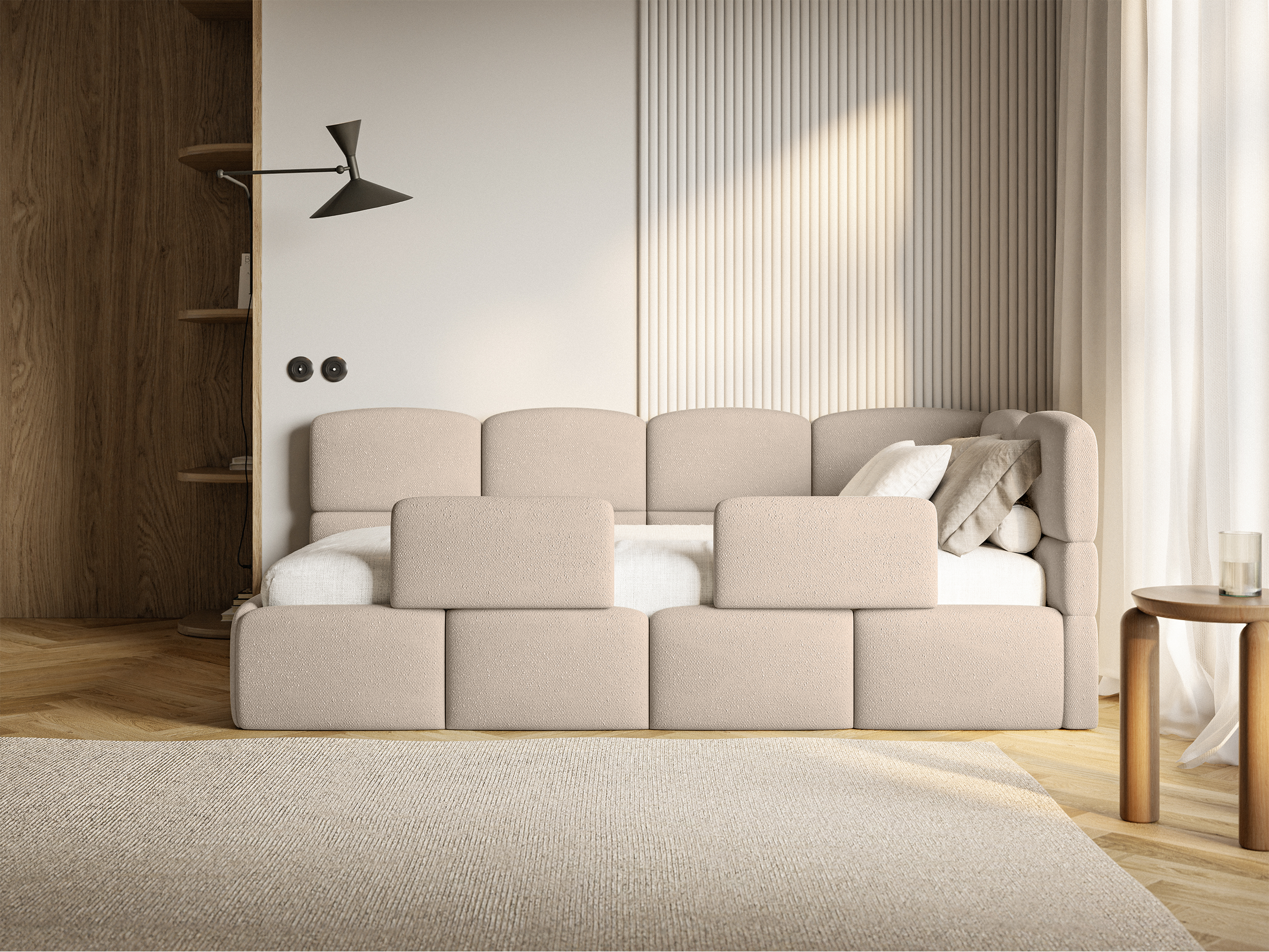 Jugendbett 90x200 cm Cloudy, rechtsseitig, mit Stauraum und Geländern, beige Chenille