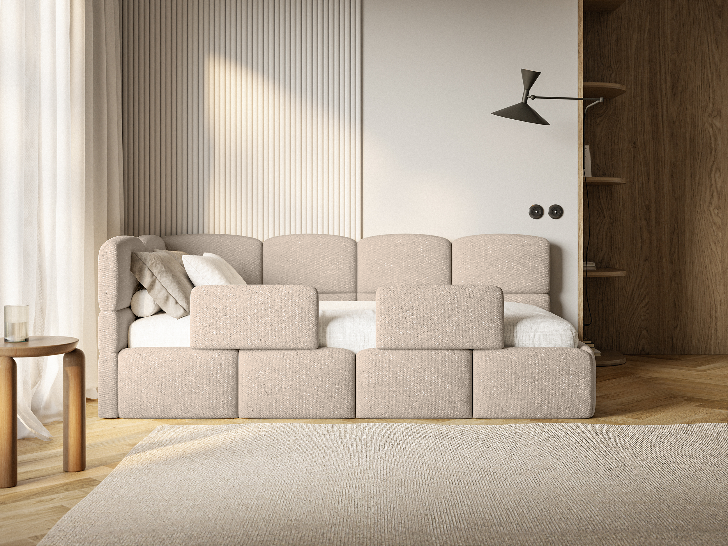 Jugendbett 90x200 cm Cloudy linksseitig mit Matratze, Stauraum und beigen Chenille-Gittern