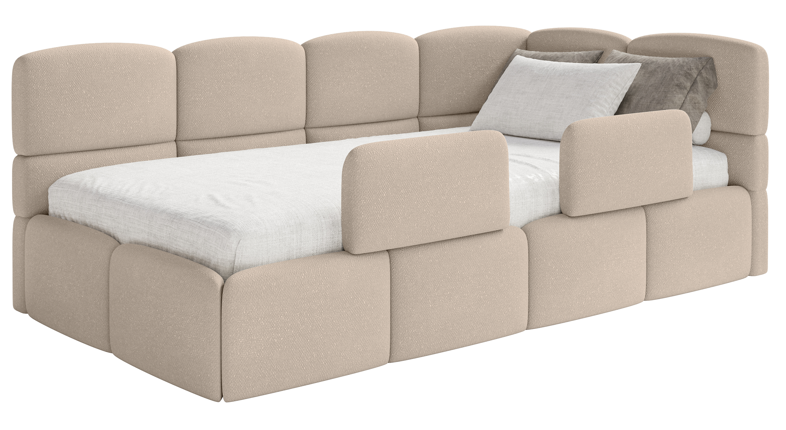 Jugendbett 90x200 cm Cloudy, rechtsseitig, mit Stauraum und Geländern, beige Chenille