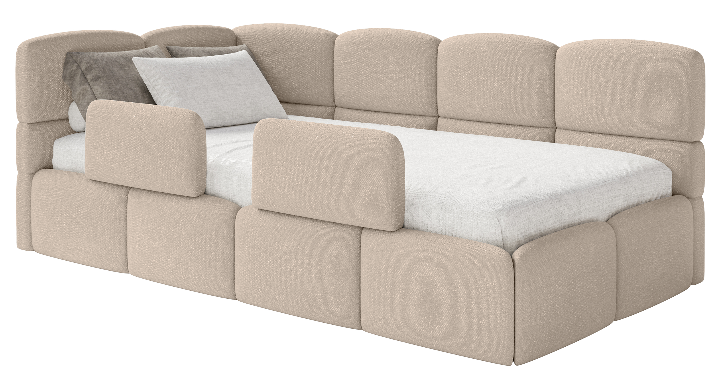 Jugendbett 90x200 cm Cloudy linksseitig mit Matratze, Stauraum und beigen Chenille-Gittern