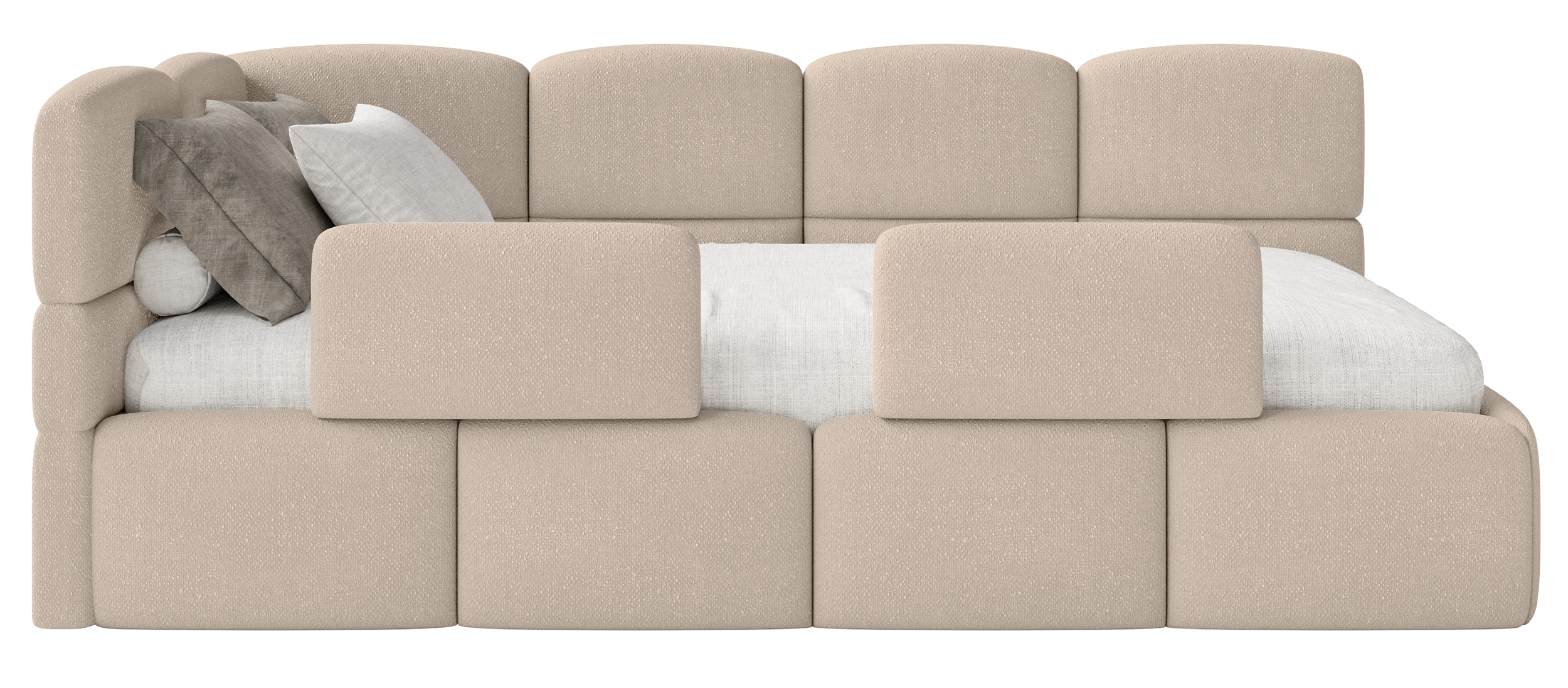 Jugendbett 90x200 cm Cloudy linksseitig mit Stauraum und Bettgittern, beige Chenille