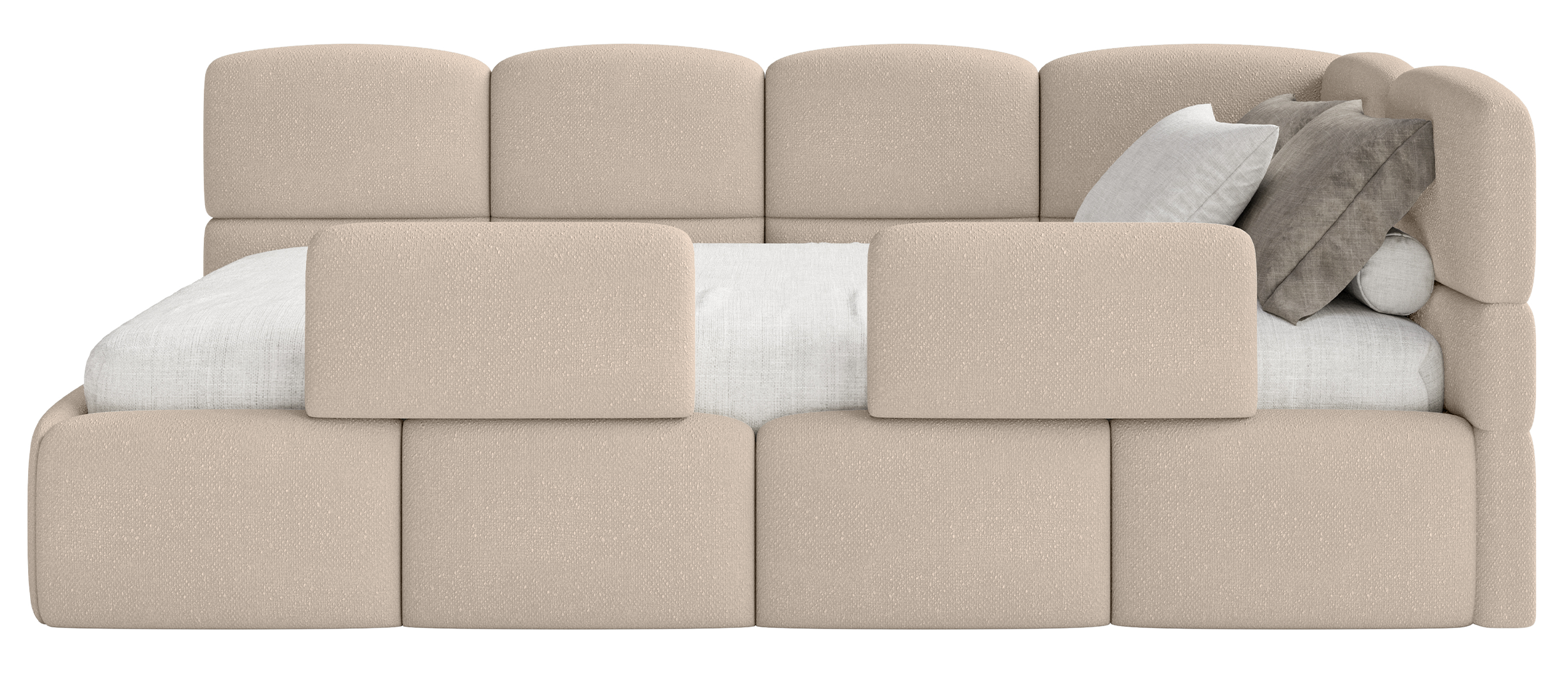 Jugendbett 90x200 cm Cloudy, rechtsseitig, mit Stauraum und Geländern, beige Chenille
