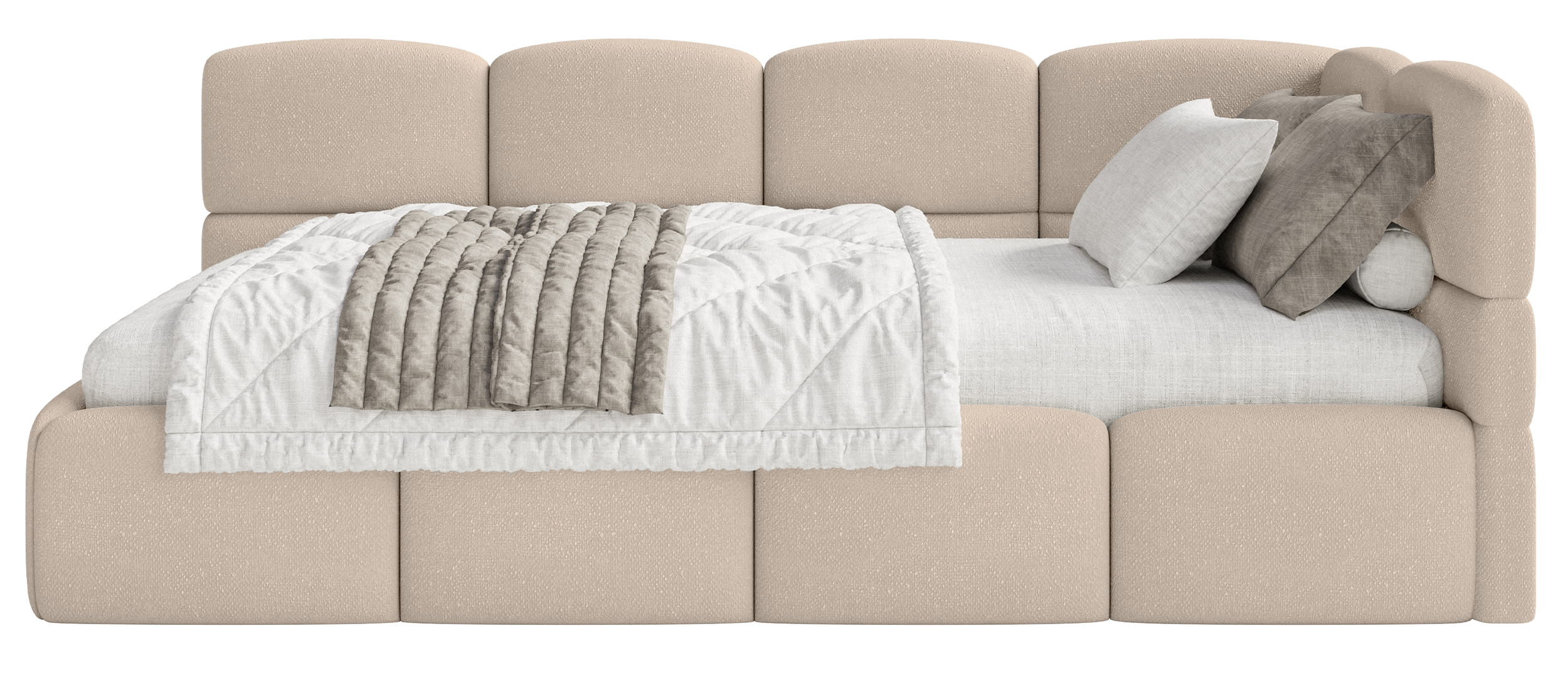 Jugendbett 90x200 cm Cloudy, rechtsseitig, mit Stauraum und Geländern, beige Chenille