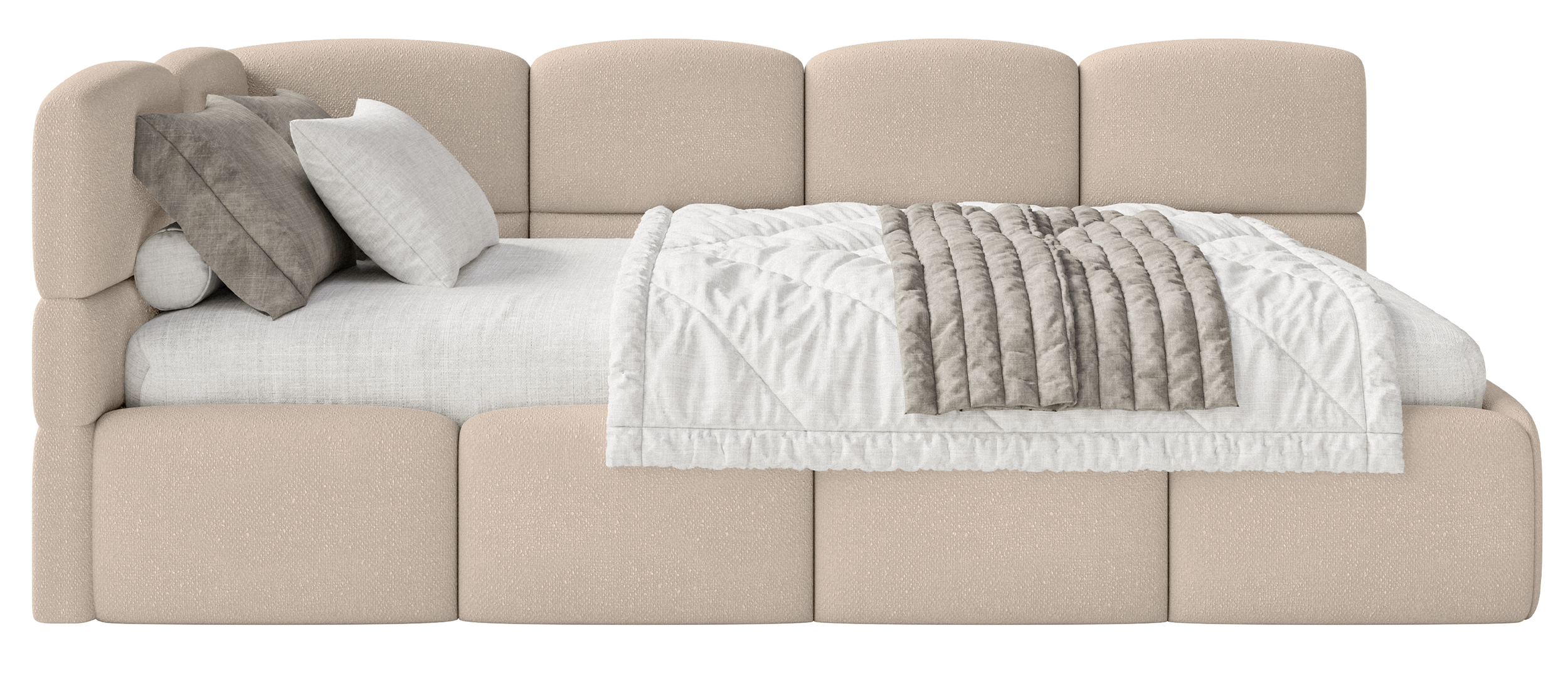 Jugendbett 90x200 cm Cloudy linksseitig mit Matratze, Stauraum und beigen Chenille-Gittern