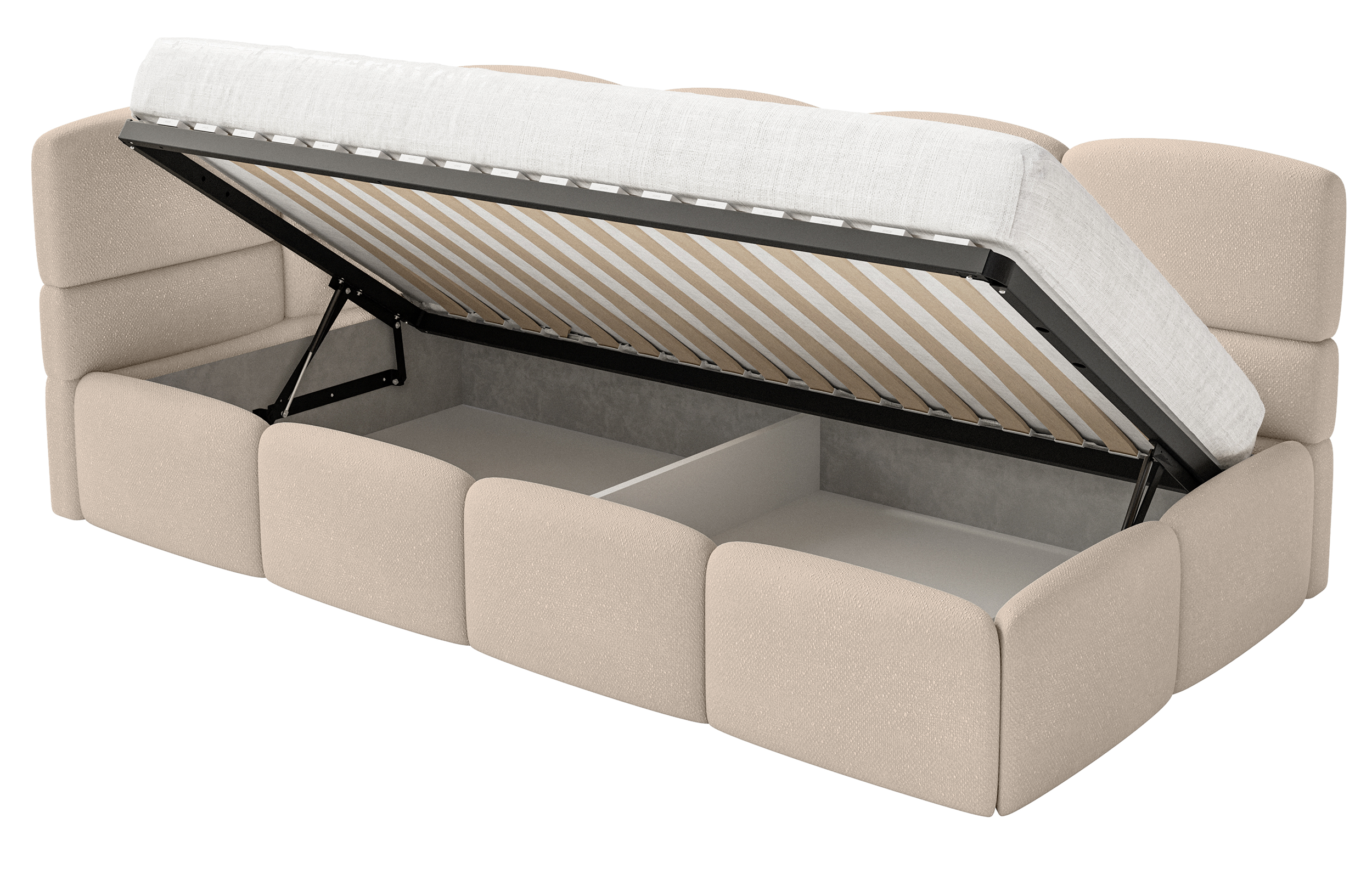 Jugendbett 90x200 cm Cloudy linksseitig mit Matratze und Aufbewahrungsbox, beige Chenille