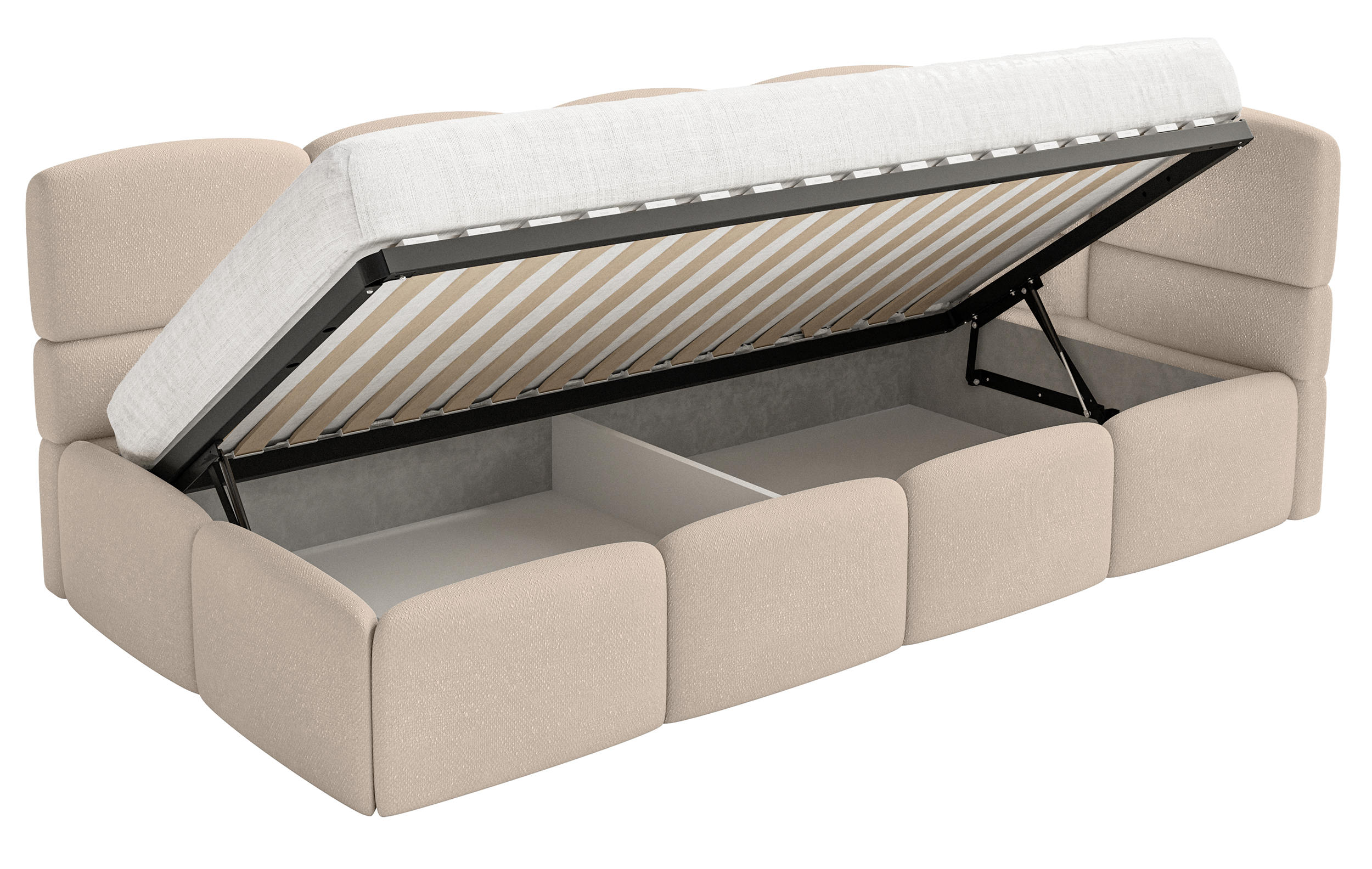Jugendbett 90x200 cm Cloudy, rechtsseitig, mit Stauraum und Geländern, beige Chenille