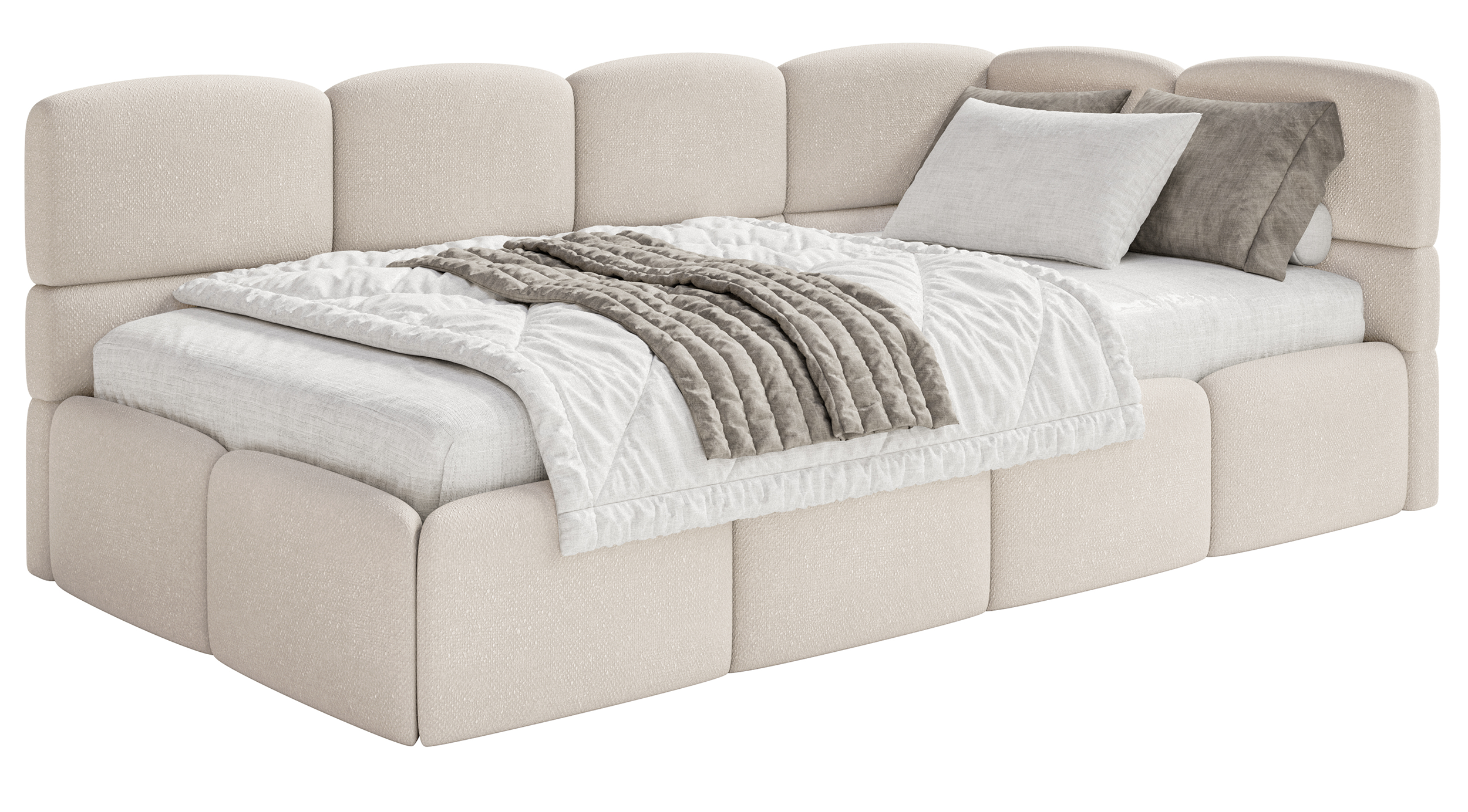 Jugendbett 90x200 cm Cloudy, rechtsseitig, mit Stauraum und Geländern, cremefarbenes Chenille