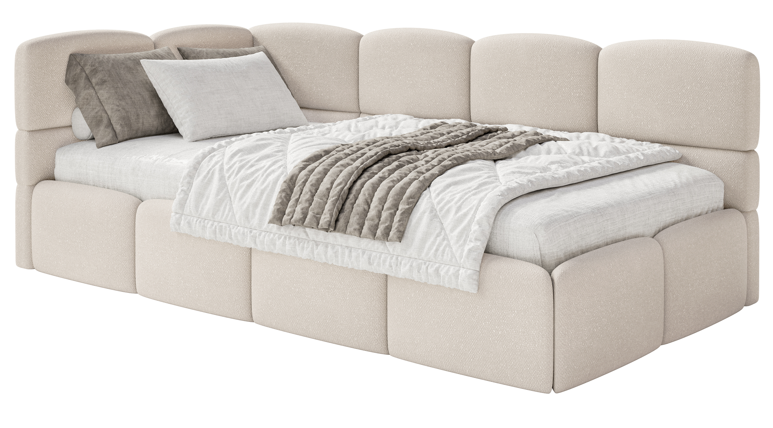 Jugendbett 90x200 cm Cloudy linksseitig mit Matratze, Stauraum und Geländern, cremefarbenes Chenille