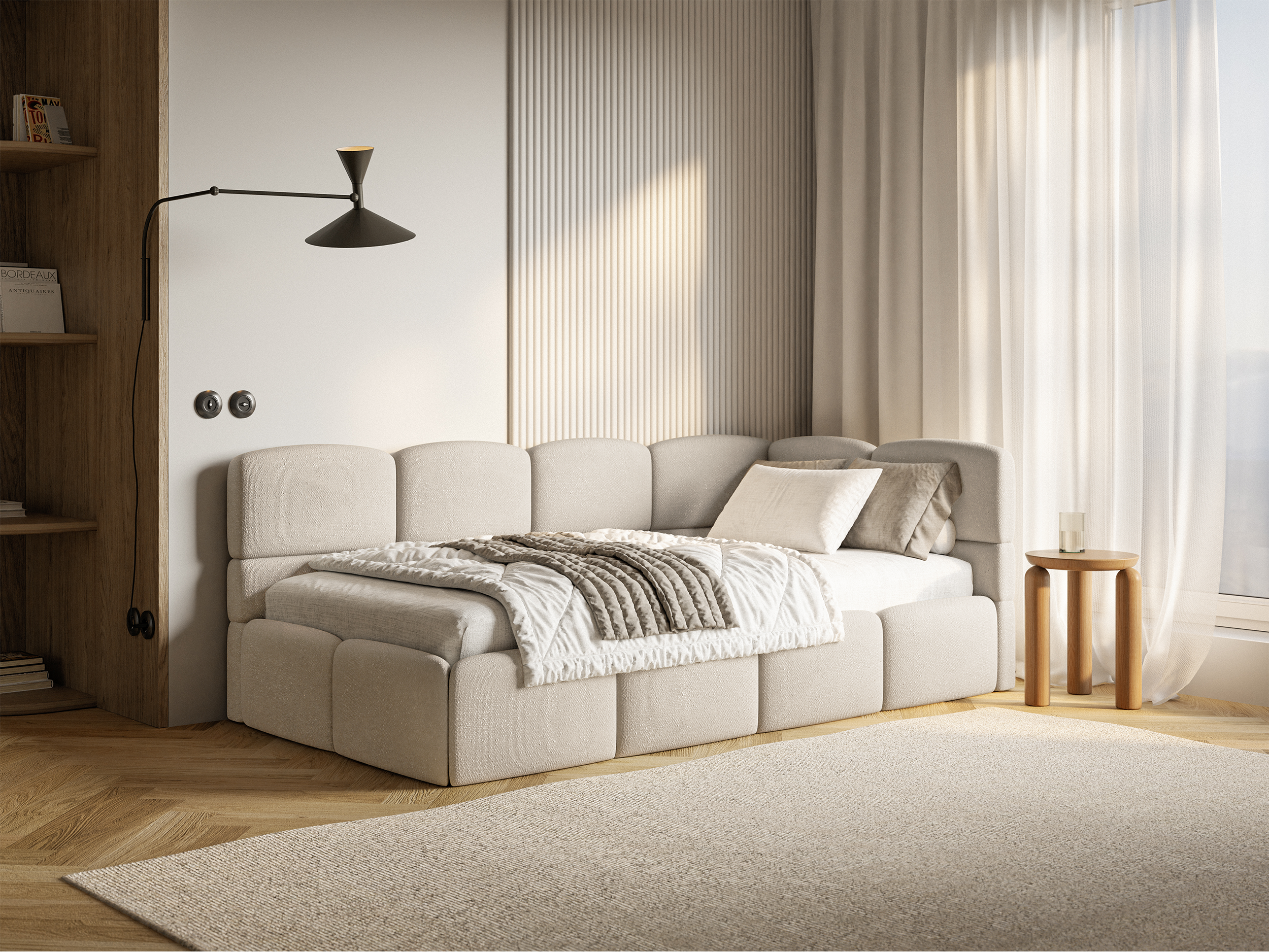 Jugendbett 90x200 cm Cloudy, rechtsseitig, mit Stauraum und Geländern, cremefarbenes Chenille
