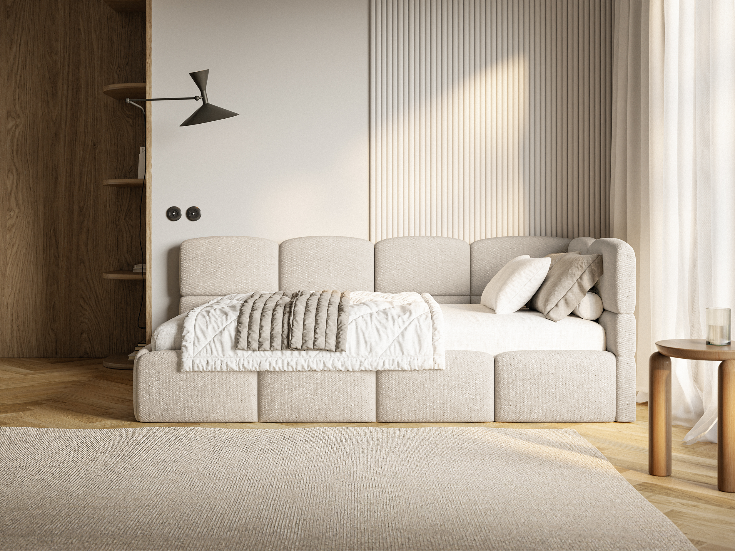 Jugendbett 90x200 cm Cloudy, rechtsseitig, mit Stauraum und Geländern, cremefarbenes Chenille