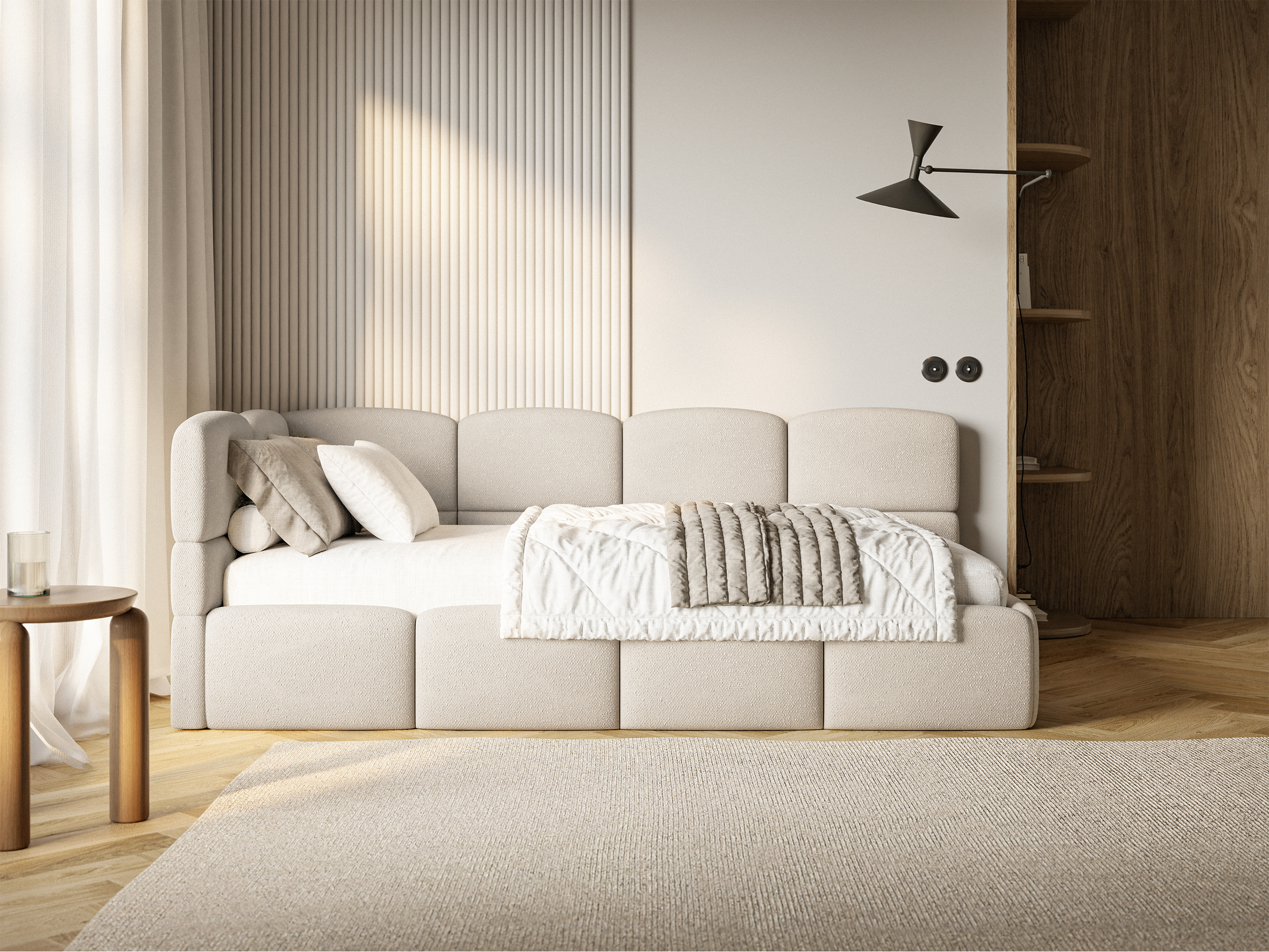 Jugendbett 90x200 cm Cloudy linksseitig mit Matratze, Stauraum und Geländern, cremefarbenes Chenille