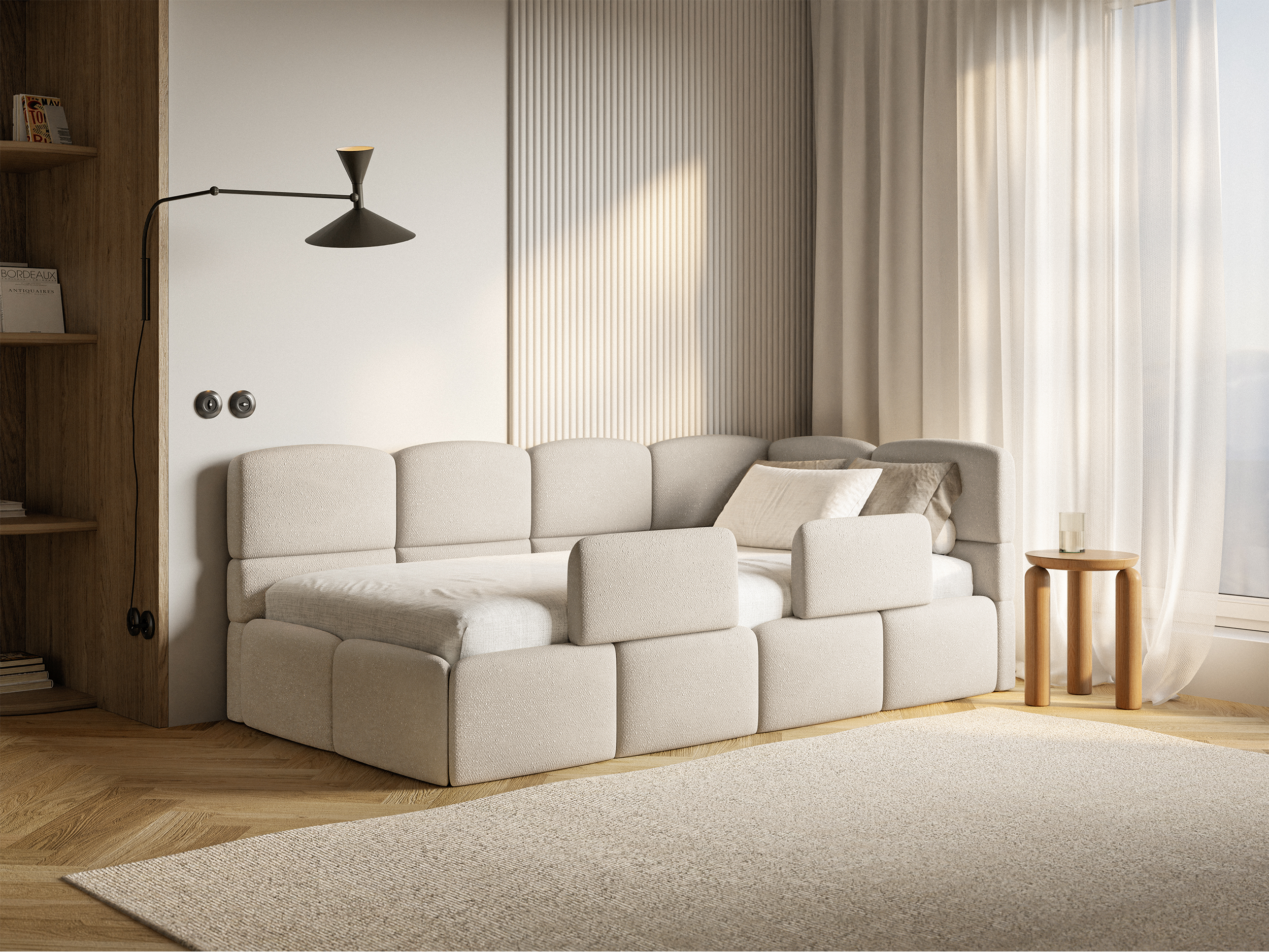Jugendbett 90x200 cm Cloudy, rechtsseitig, mit Stauraum und Geländern, cremefarbenes Chenille