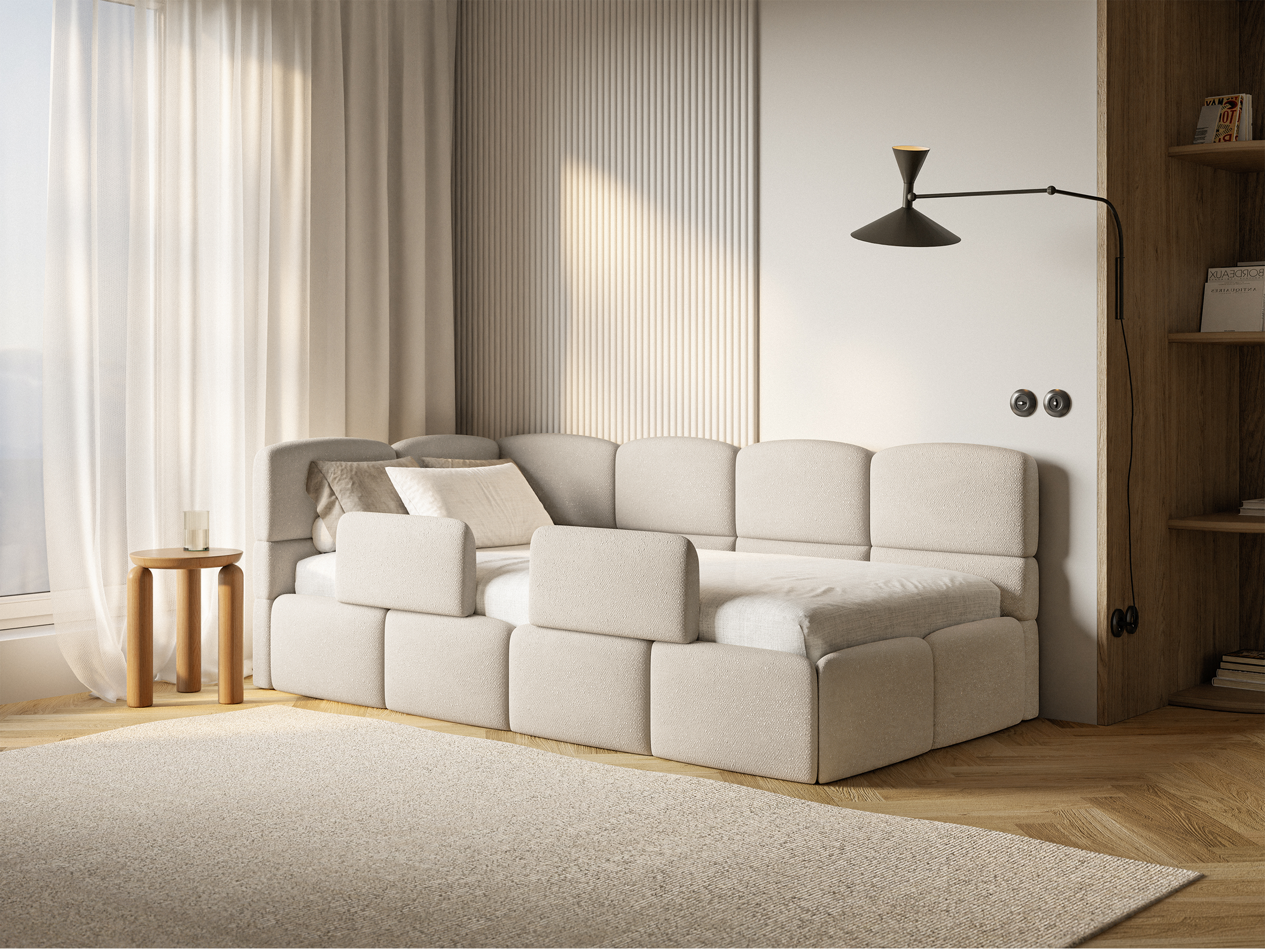 Jugendbett 90x200 cm Cloudy linksseitig mit Matratze, Stauraum und Geländern, cremefarbenes Chenille