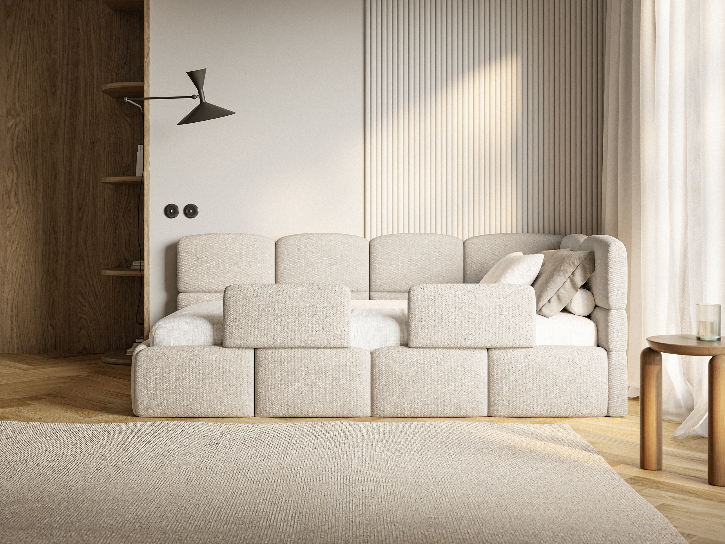 Jugendbett 90x200 cm Cloudy, rechtsseitig, mit Stauraum und Geländern, cremefarbenes Chenille