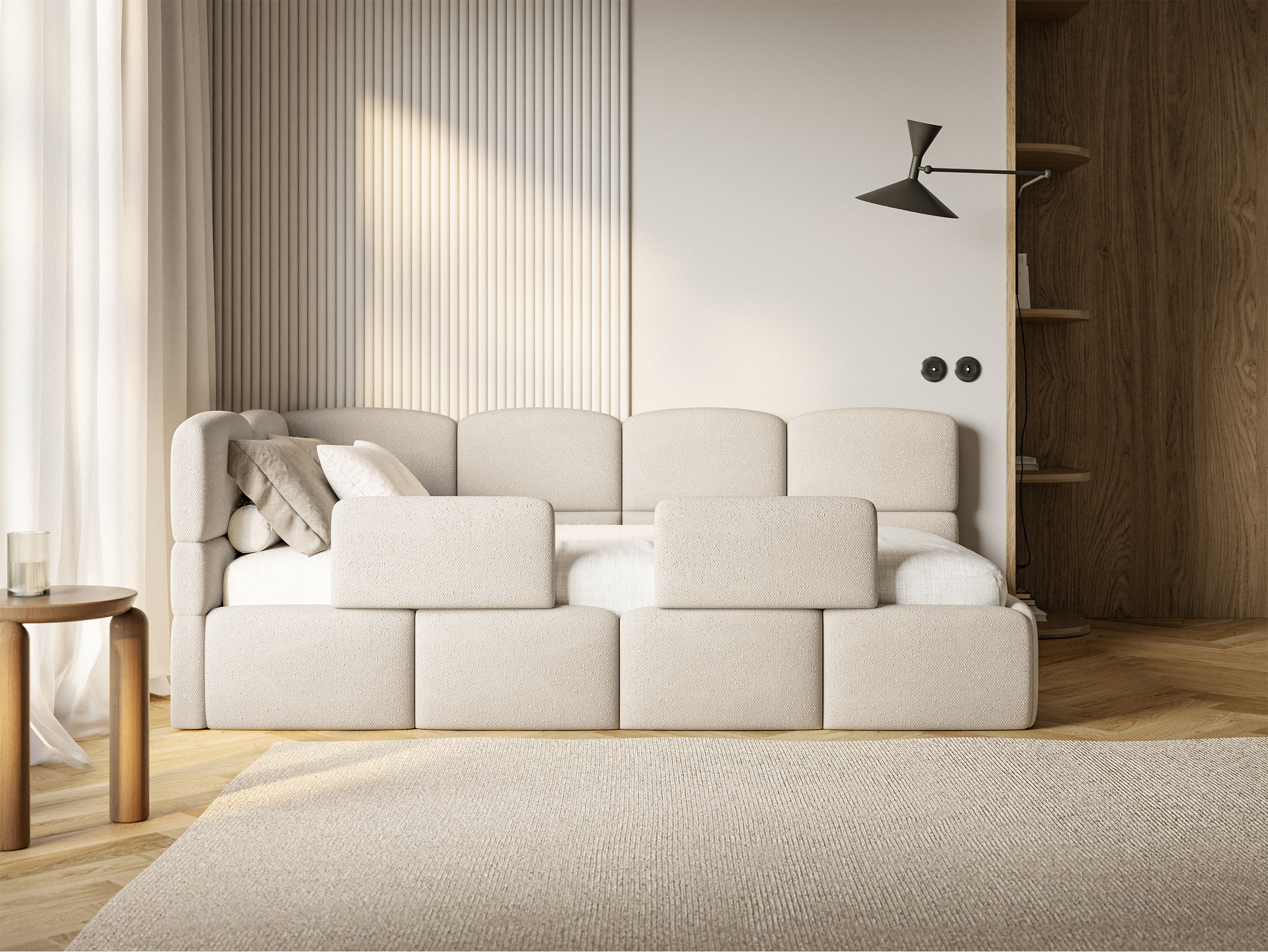 Jugendbett 90x200 cm Cloudy linksseitig mit Matratze, Stauraum und Geländern, cremefarbenes Chenille