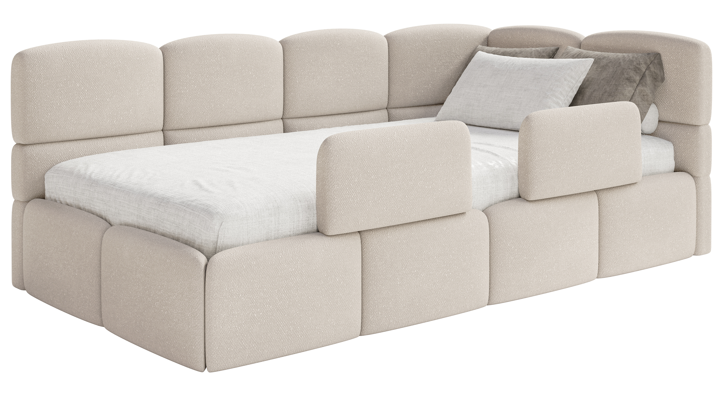 Jugendbett 90x200 cm Cloudy, rechtsseitig, mit Stauraum und Geländern, cremefarbenes Chenille