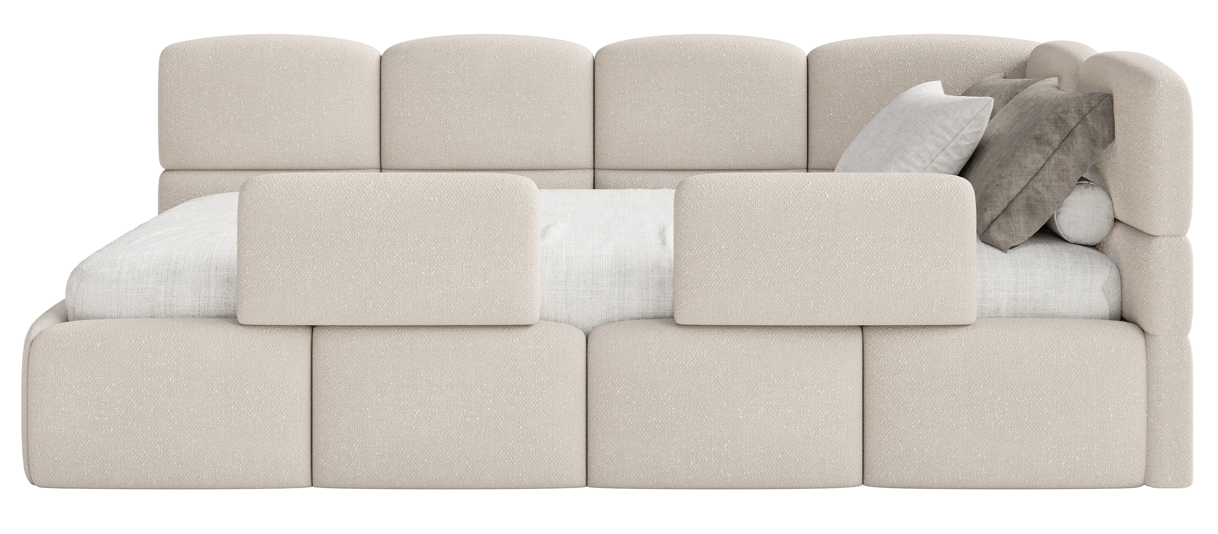 Jugendbett 90x200 cm Cloudy, rechtsseitig, mit Stauraum und Geländern, cremefarbenes Chenille