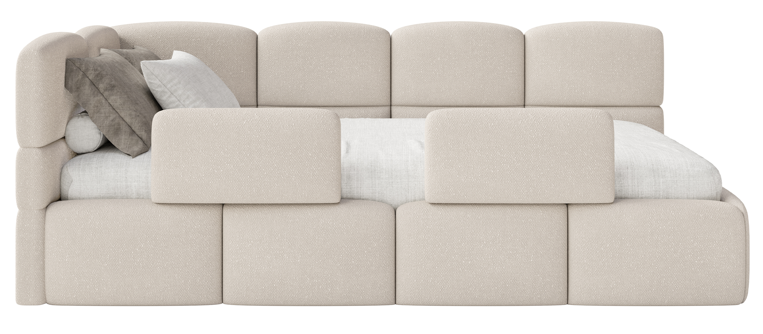 Jugendbett 90x200 cm Cloudy linksseitig mit Matratze, Stauraum und Geländern, cremefarbenes Chenille