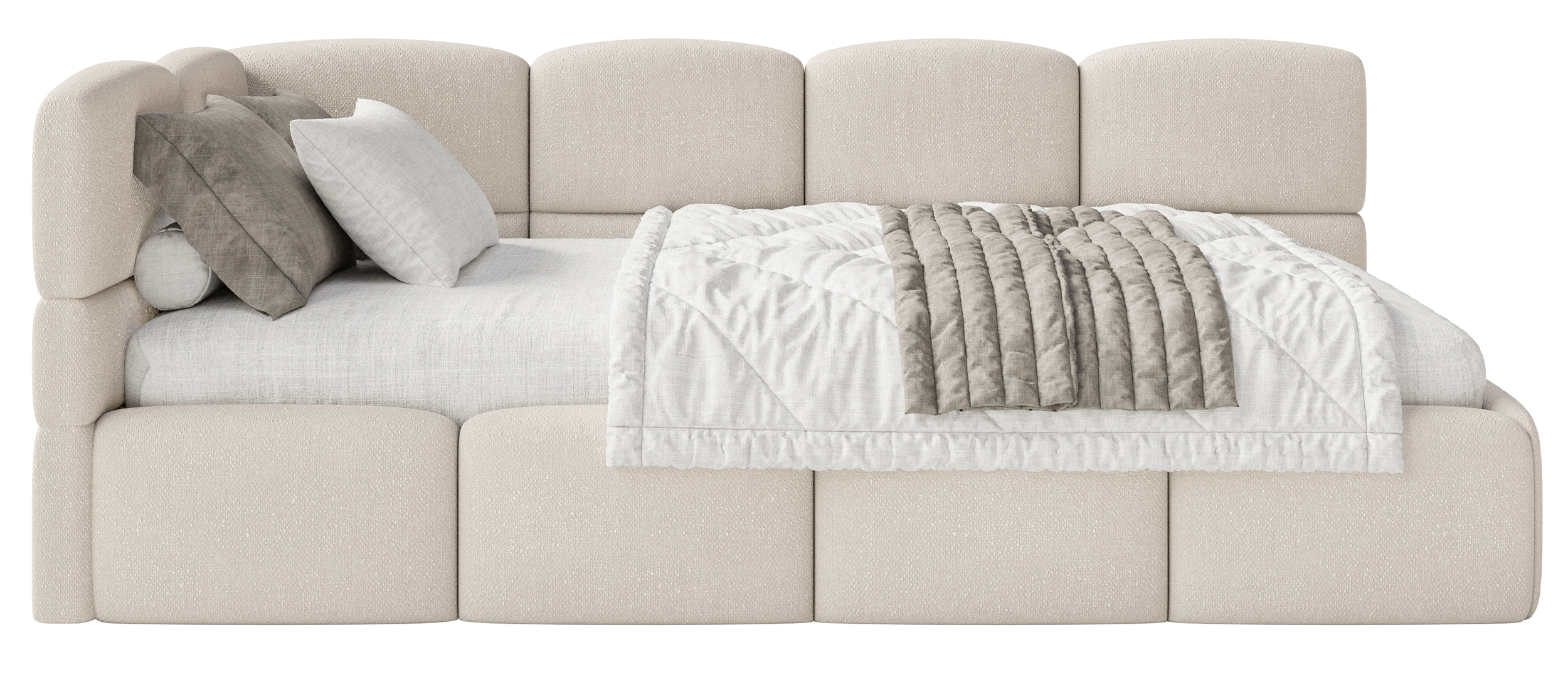 Jugendbett 90x200 cm Cloudy linksseitig mit Matratze und Stauraum, cremefarbener Chenille
