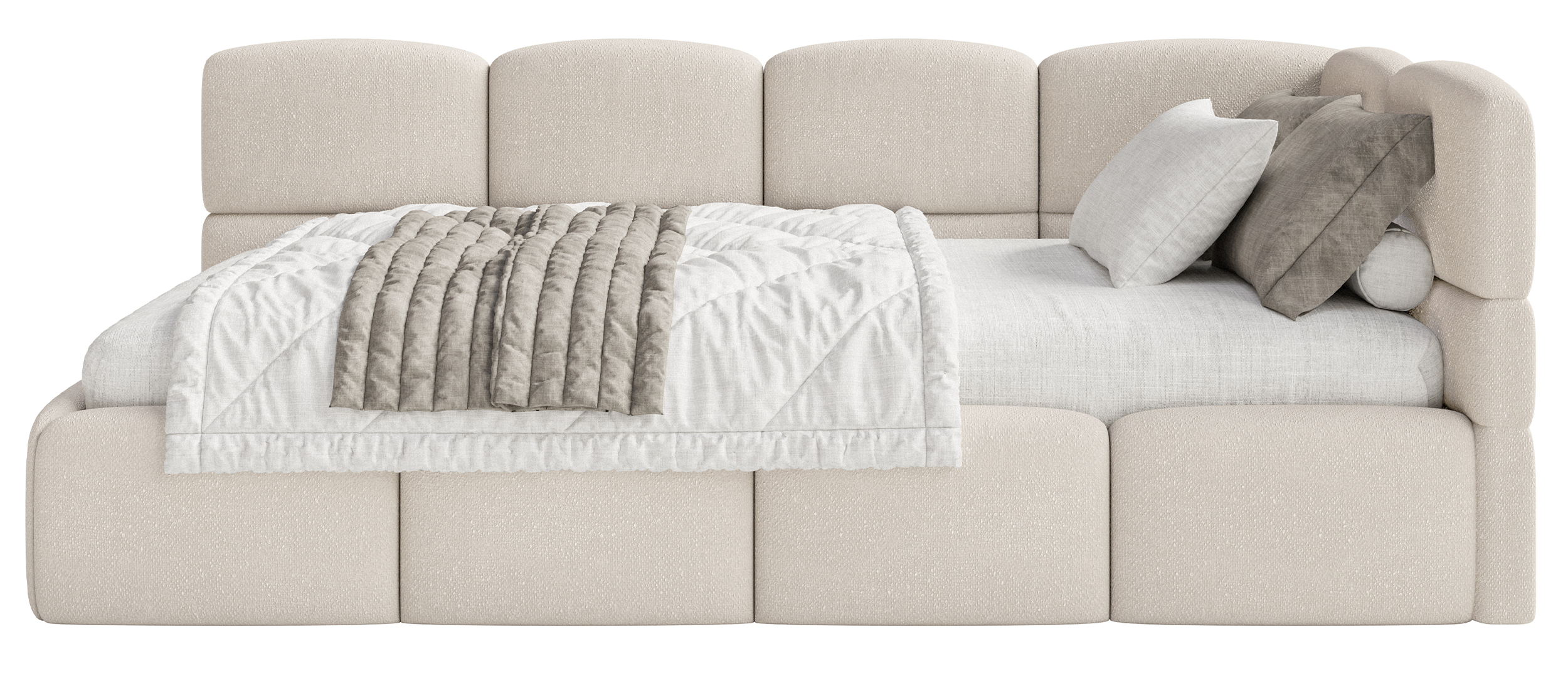 Jugendbett 90x200 cm Cloudy, rechtsseitig, mit Stauraum und Geländern, cremefarbenes Chenille