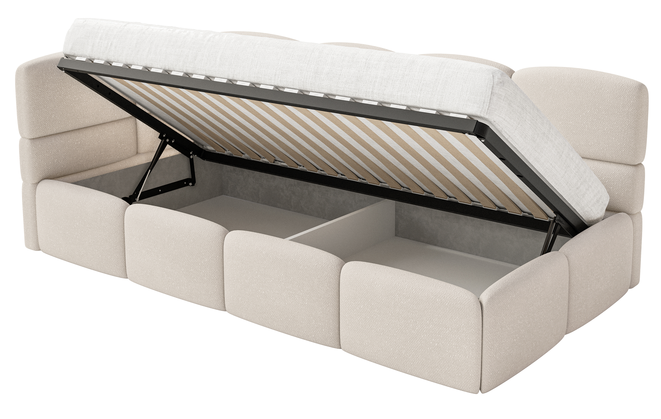 Jugendbett 90x200 cm Cloudy linksseitig mit Matratze und Stauraum, cremefarbener Chenille