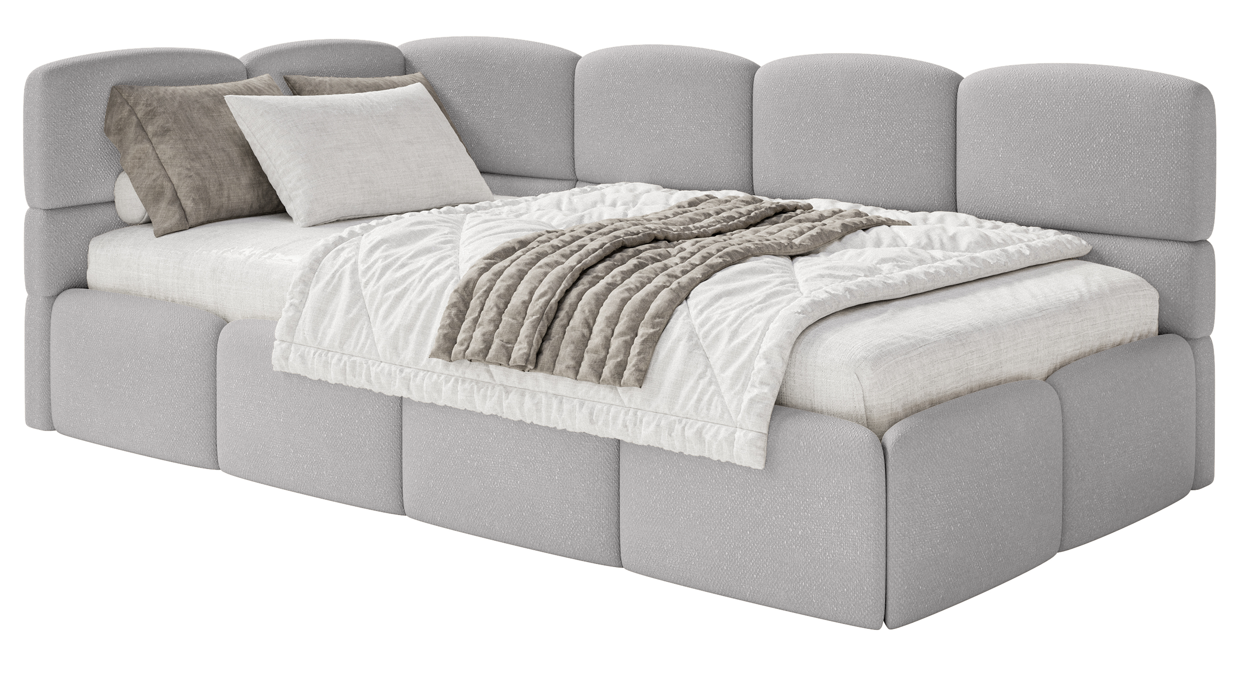 Jugendbett 90x200 cm Cloudy linksseitig mit Stauraum hellgrauer Chenillebezug