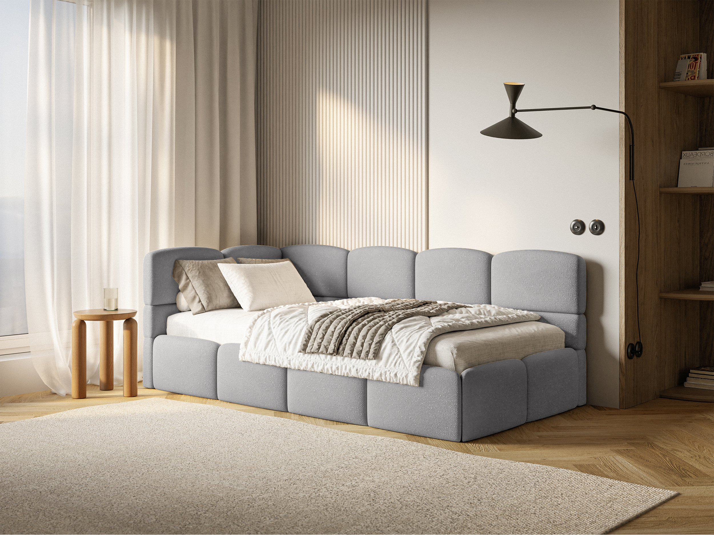 Jugendbett 90x200 cm Cloudy linksseitig mit Stauraum hellgrauer Chenillebezug