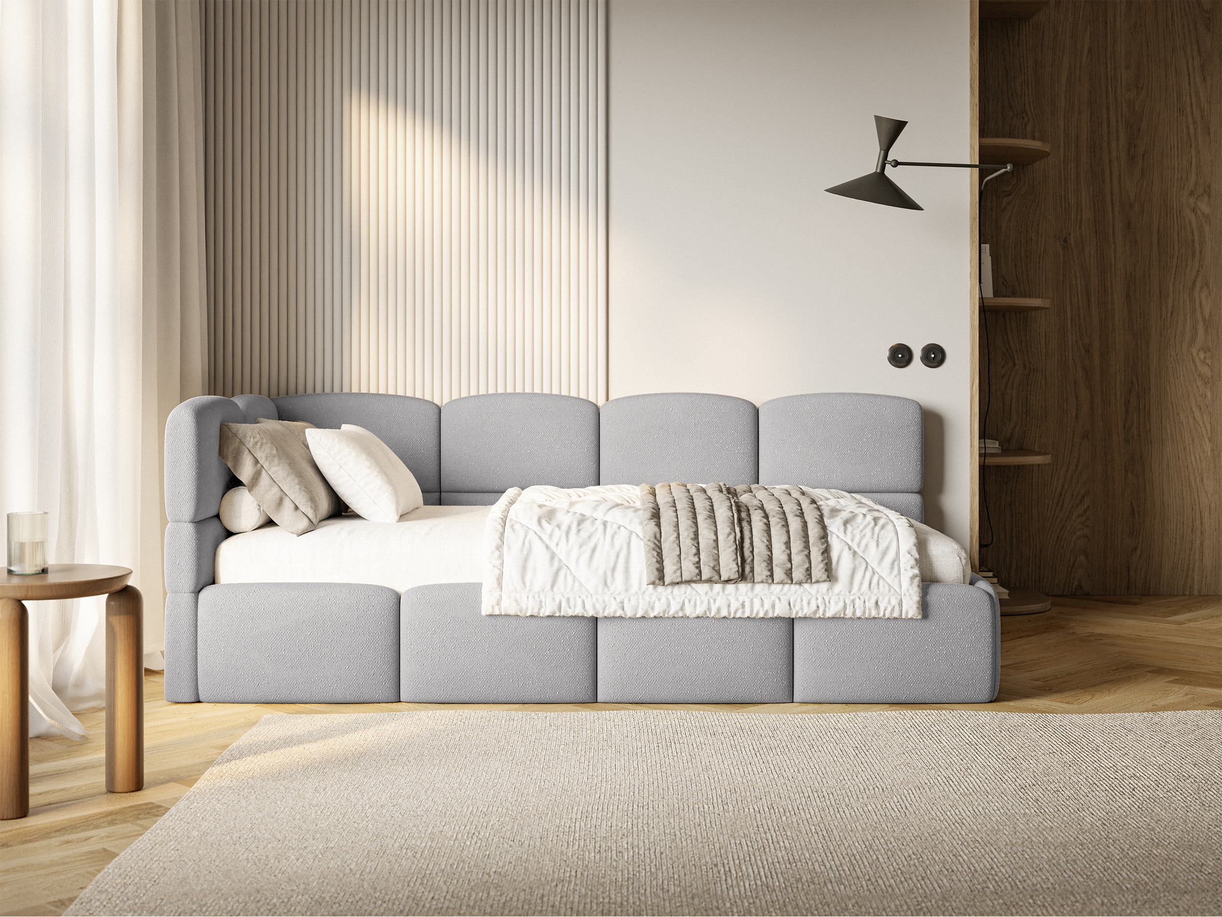 Jugendbett 90x200 cm Cloudy linksseitig mit Stauraum und hellgrauen Chenille-Gittern