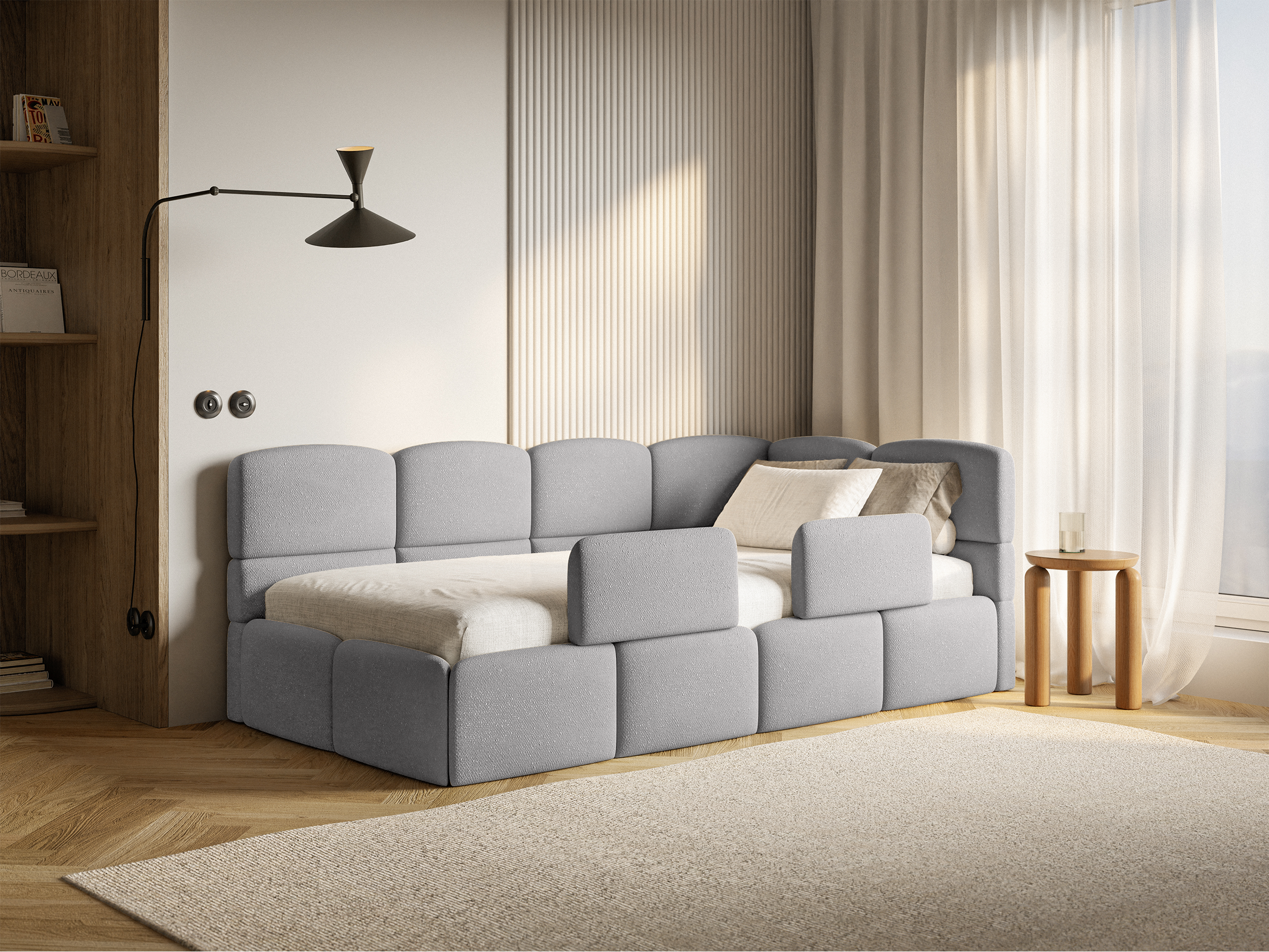Jugendbett 90x200 cm Cloudy rechtsseitig mit Matratze, Stauraum und hellgrauen Chenille-Gittern