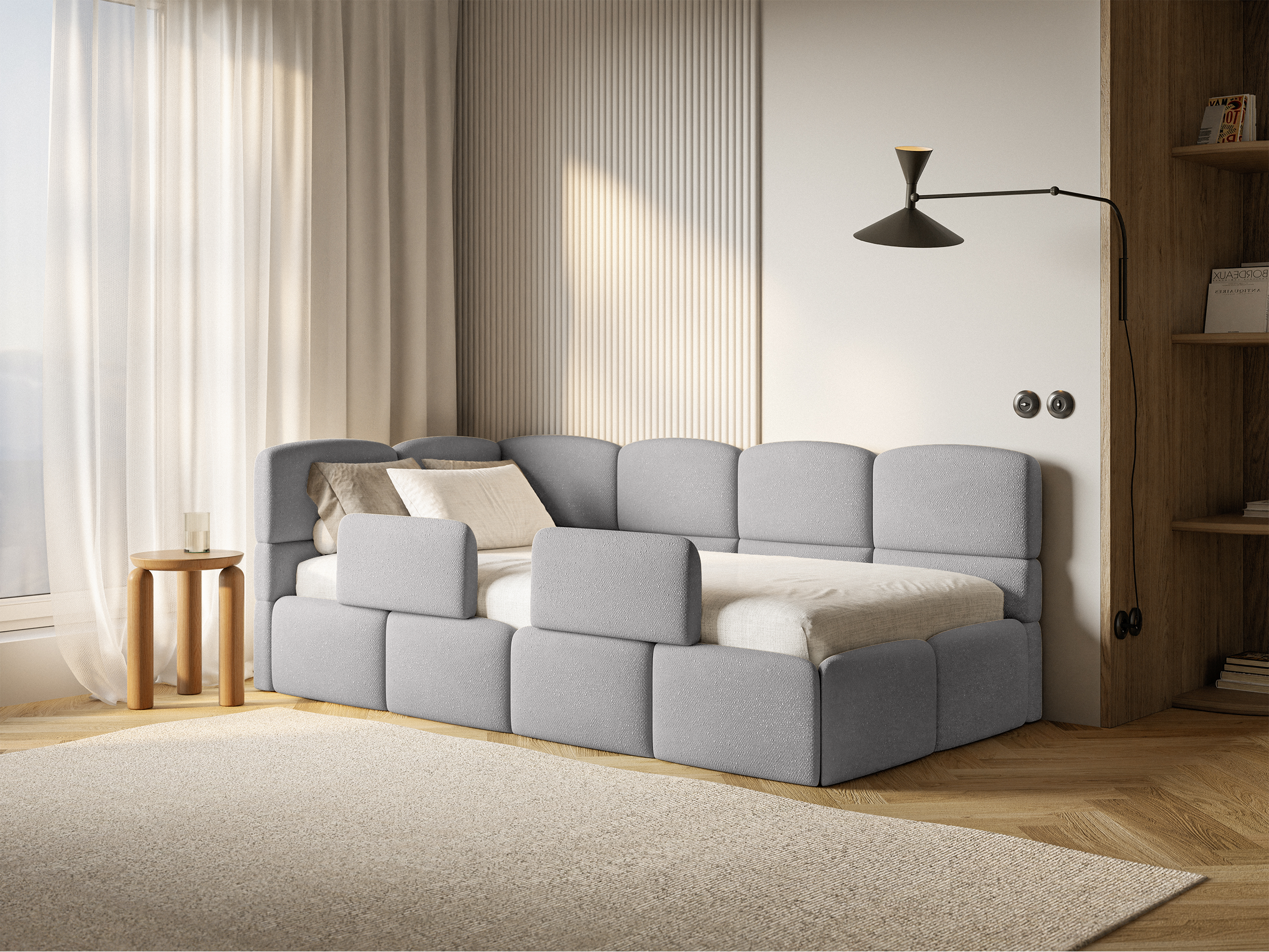 Jugendbett 90x200 cm Cloudy linksseitig mit Stauraum und hellgrauen Chenille-Gittern