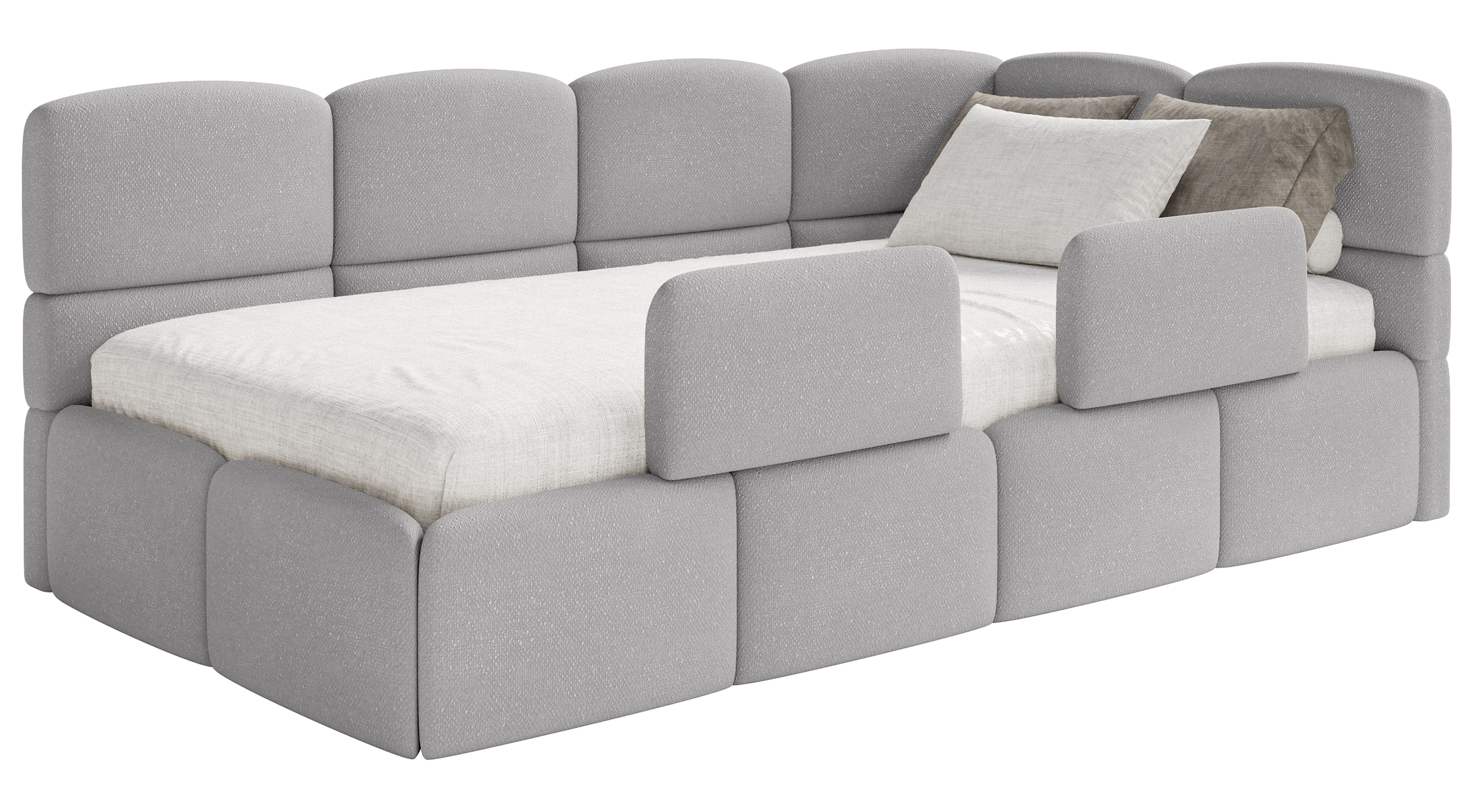 Jugendbett 90x200 cm Cloudy rechtsseitig mit Stauraum und hellgrauen Chenille-Gittern