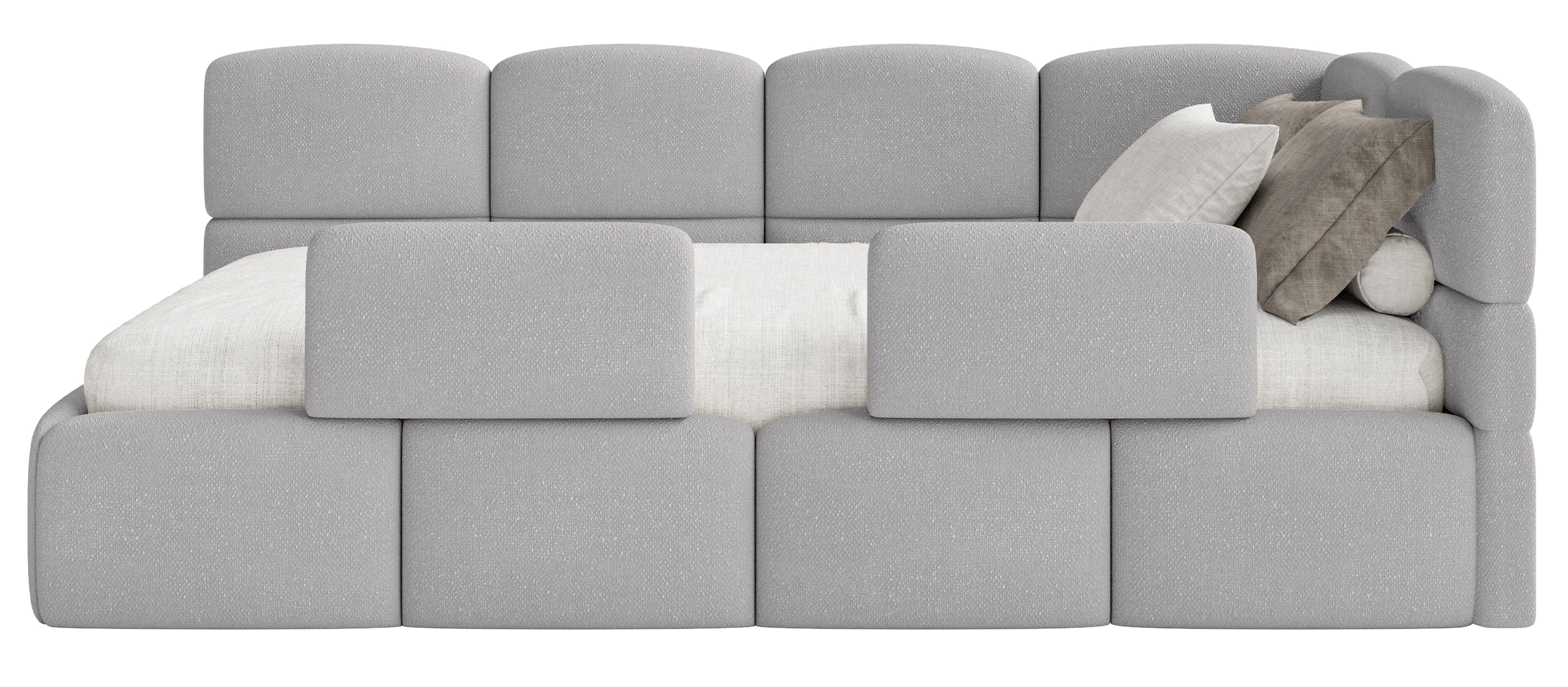 Jugendbett 90x200 cm Cloudy rechtsseitig mit Matratze, Stauraum und hellgrauen Chenille-Gittern