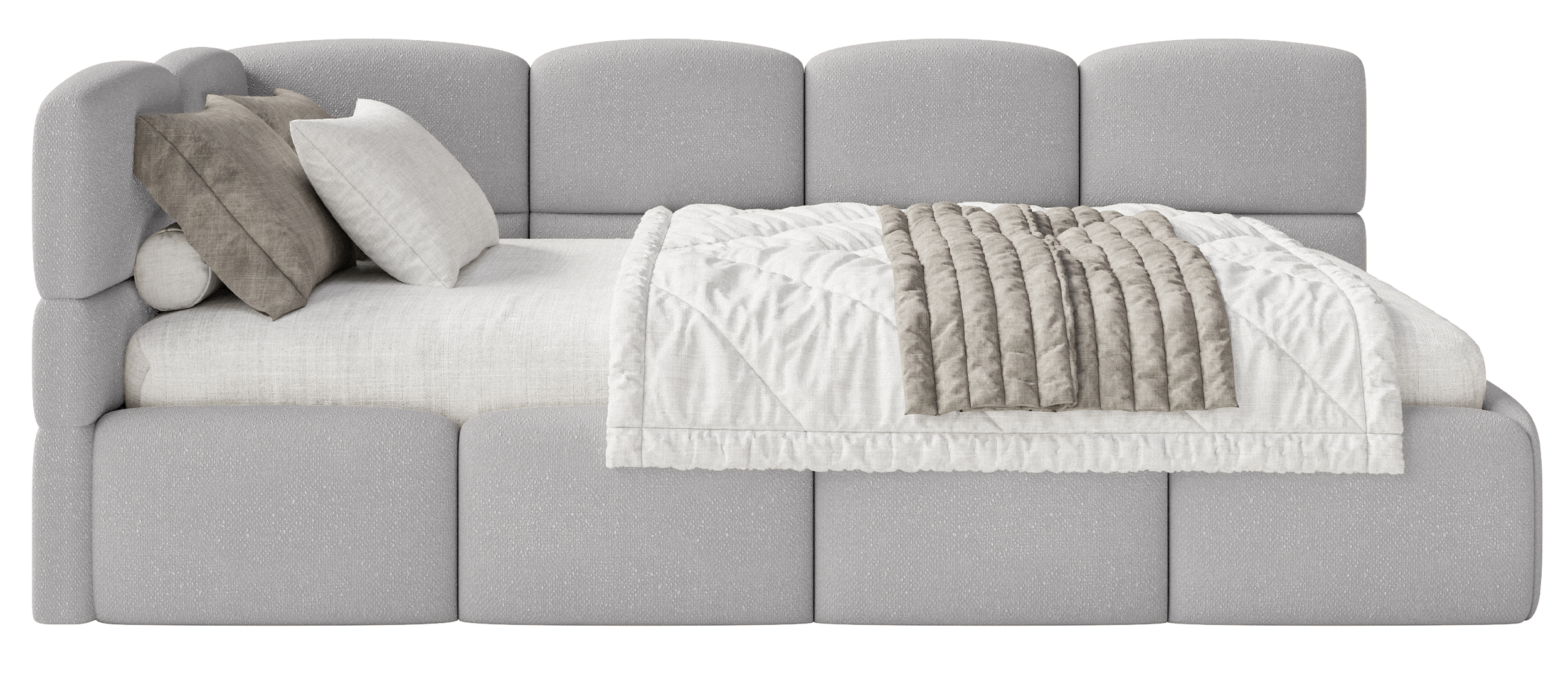 Jugendbett 90x200 cm Cloudy linksseitig mit Stauraum und hellgrauen Chenille-Gittern