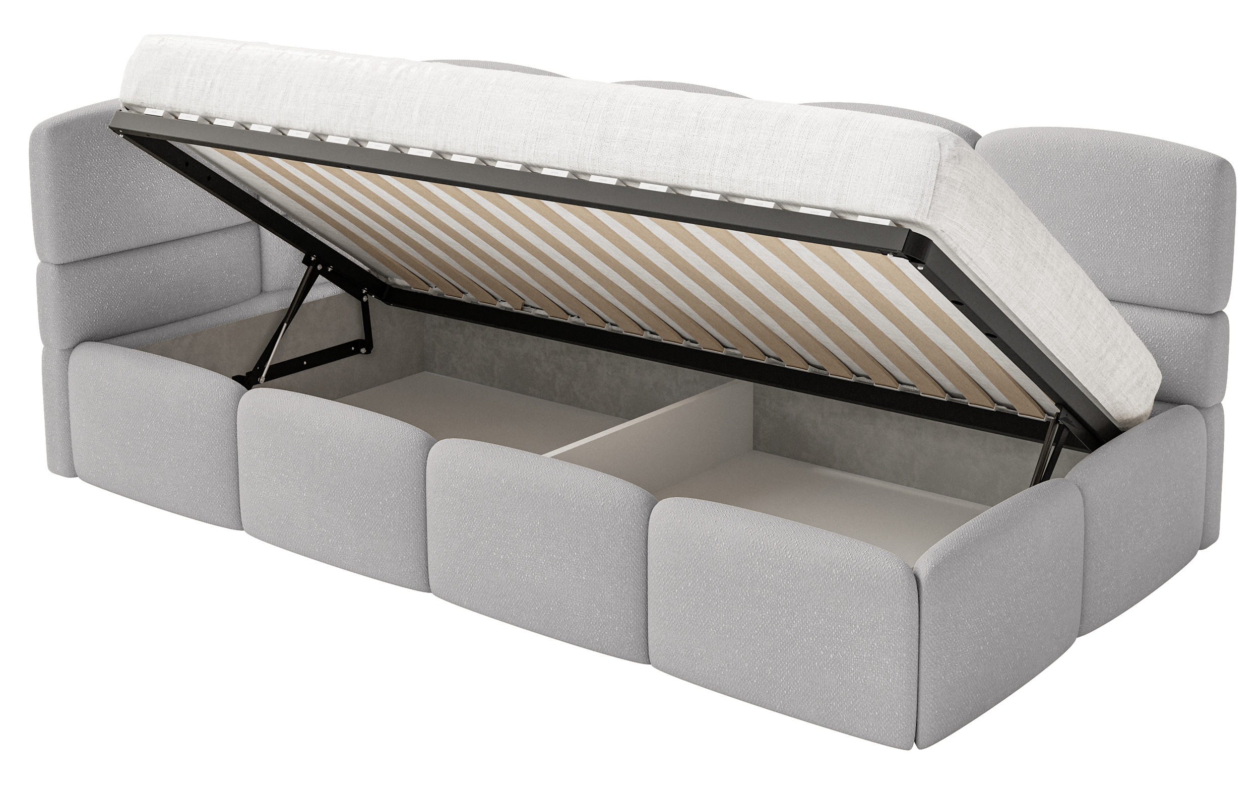 Jugendbett 90x200 cm Cloudy linksseitig mit Stauraum und hellgrauen Chenille-Gittern
