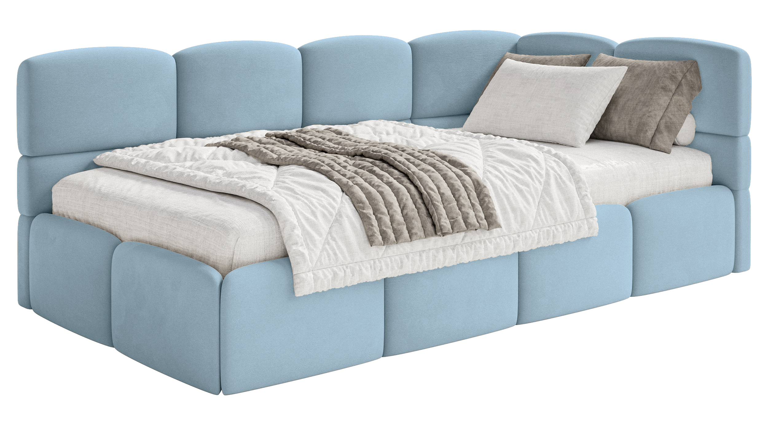 Jugendbett 120x200 cm Cloudy rechtsseitig mit Stauraum, hellblauer Veloursstoff, wasserabweisend und pflegeleicht