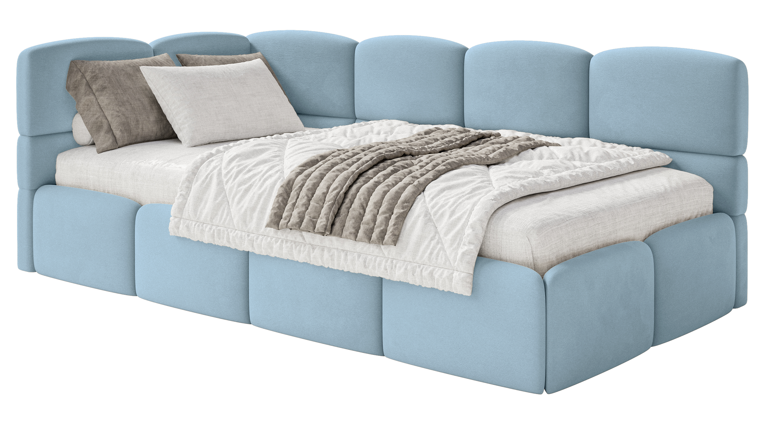 Jugendbett 90x200 cm Cloudy, linksseitig, mit Matratze, Stauraum und Schutzgittern, hellblauer Velours, wasserabweisend und pflegeleicht