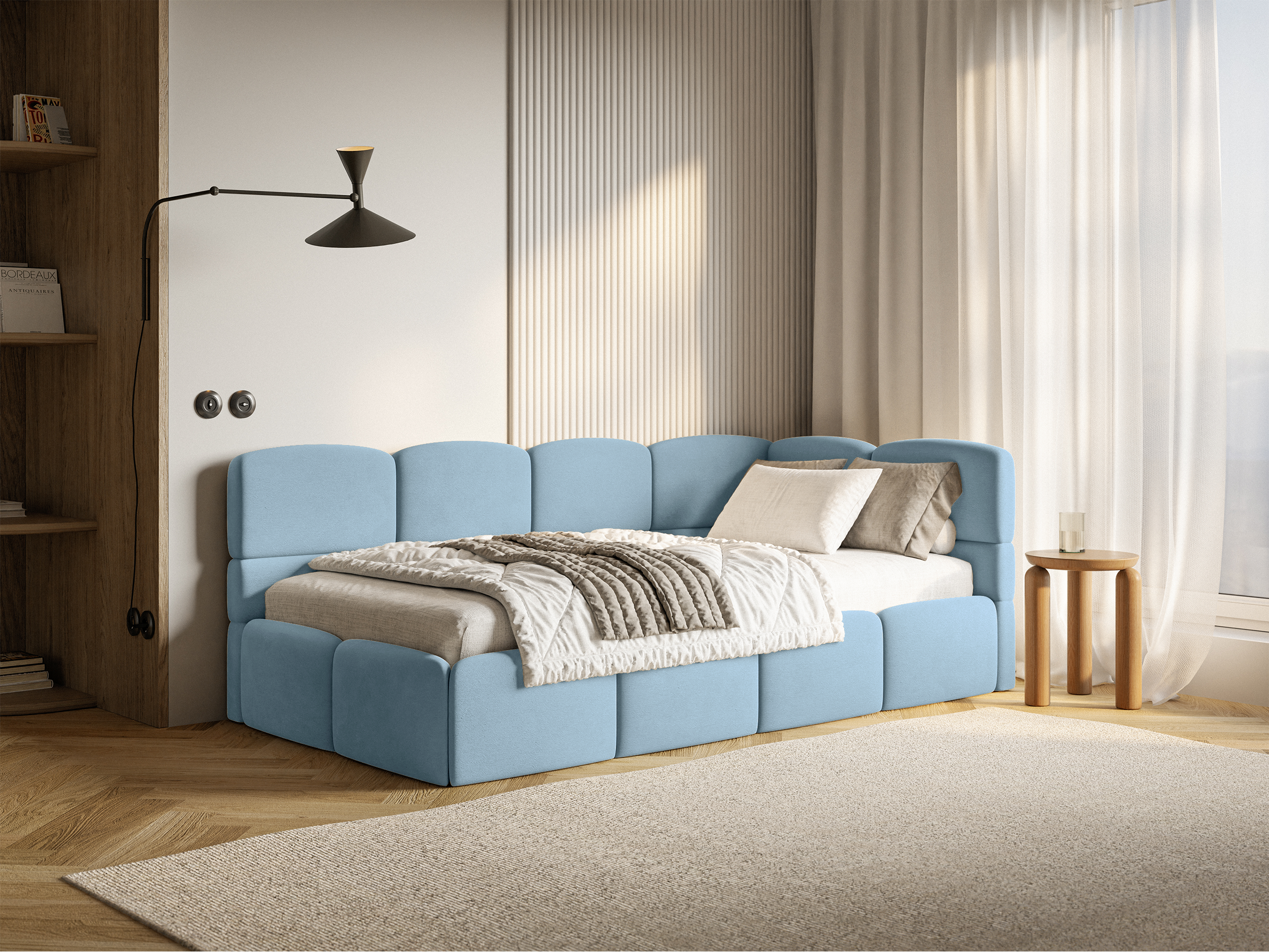 Jugendbett 120x200 cm Cloudy rechtsseitig mit Stauraum, hellblauer Veloursstoff, wasserabweisend und pflegeleicht