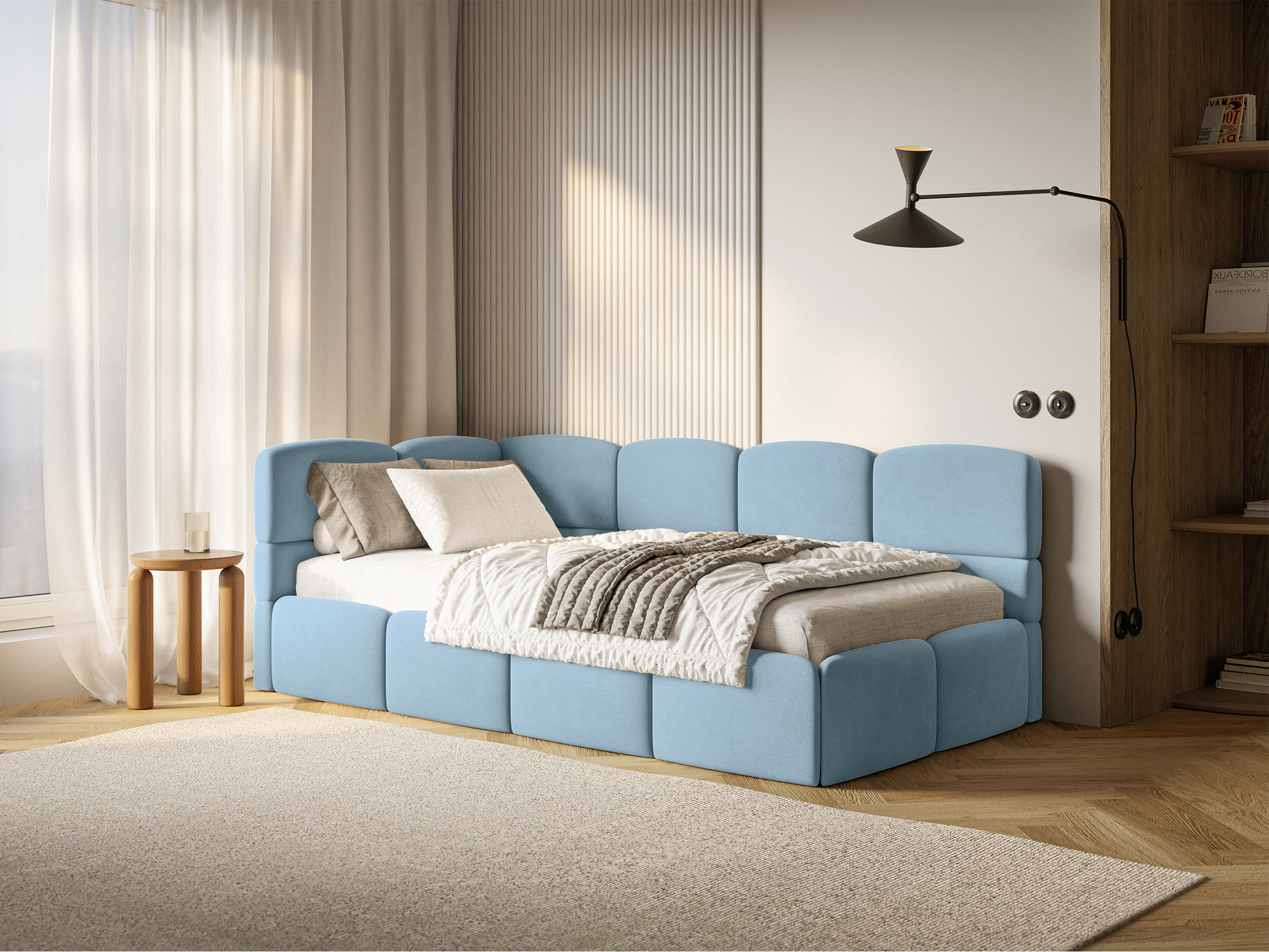 Jugendbett 90x200 cm Cloudy, linksseitig, mit Matratze, Stauraum und Schutzgittern, hellblauer Velours, wasserabweisend und pflegeleicht