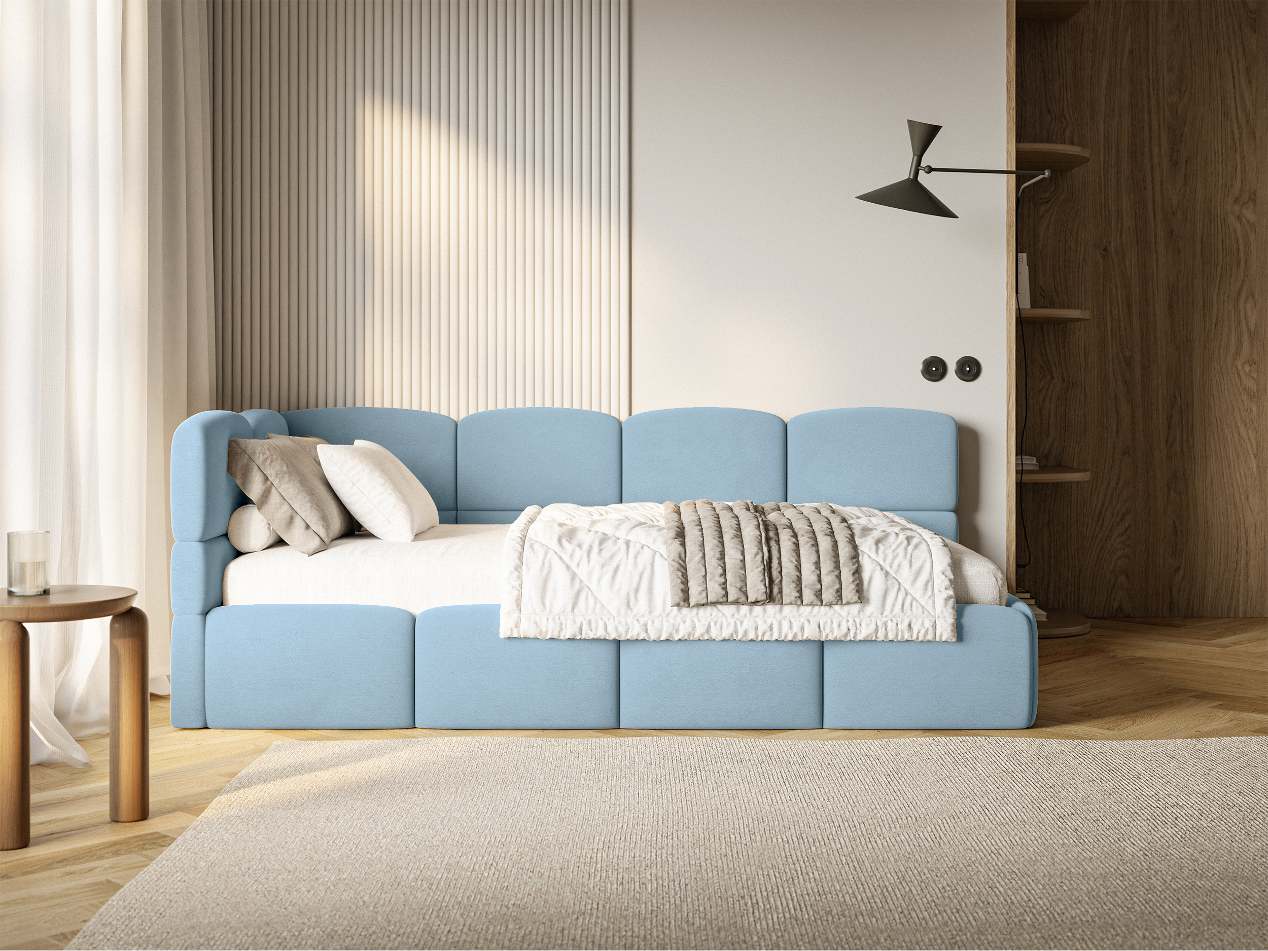 Jugendbett 90x200 cm Cloudy, linksseitig, mit Matratze, Stauraum und Schutzgittern, hellblauer Velours, wasserabweisend und pflegeleicht